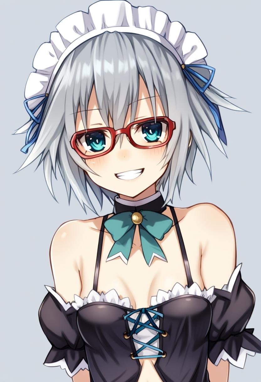 1girl, honjou nia, date a live, shinashiro, aqua eyes, aqua ribbon, bare shoulders, breasts, cross-laced clothes, glasses, grey hair, looking at viewer, maid, maid headdress, navel, red-framed eyewear, ribbon, small breasts, smile, solo, teeth, upper body, wrist cuffs, very aesthetic, masterpiece, absurdres, <lora:serie-date_a_live>