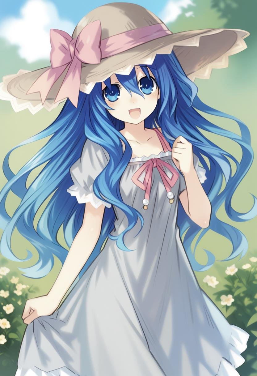 1girl, yoshino \(date a live\), yoshinon, date a live, tsunako, :d, blue eyes, blue hair, collarbone, day, dress, floating hair, grey dress, grey hat, hair between eyes, hat, hat ribbon, long hair, looking at viewer, open mouth, outdoors, pink ribbon, ribbon, short sleeves, smile, solo, standing, sun hat, upper body, very long hair, very aesthetic, masterpiece, absurdres, <lora:serie-date_a_live>