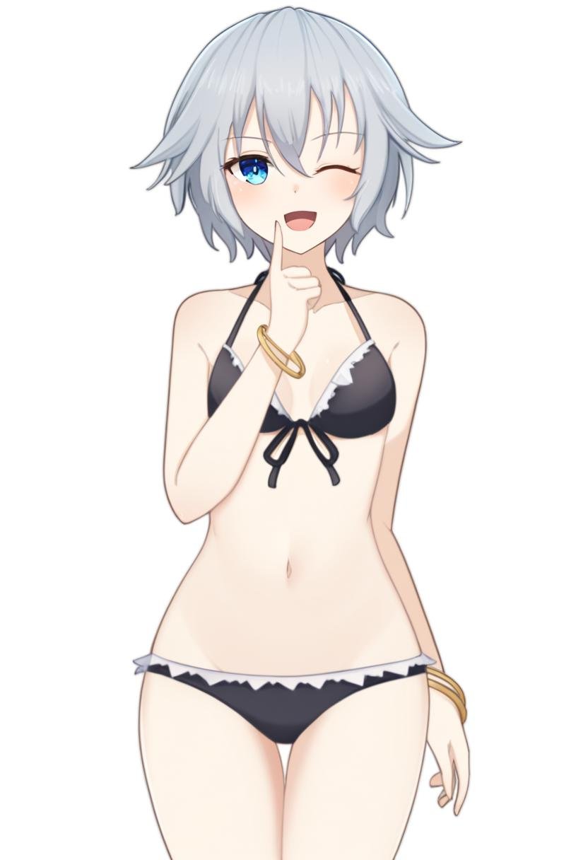 1girl, honjou nia, date a live, lime ill 10, bangle, bikini, black bikini, blue eyes, bracelet, breasts, grey hair, jewelry, navel, one eye closed, open mouth, short hair, small breasts, smile, solo, swimsuit, white background, very aesthetic, masterpiece, absurdres, <lora:serie-date_a_live>