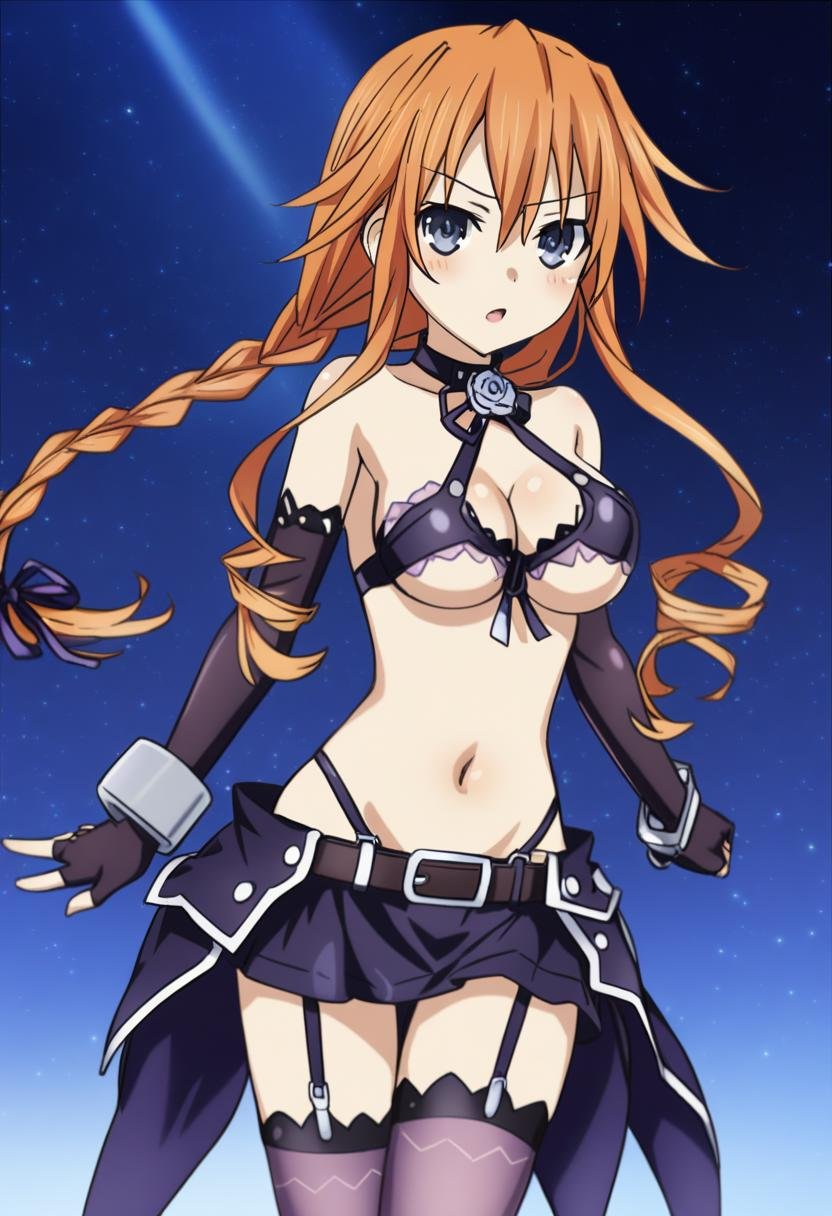 1girl, yamai yuzuru, date a live, solo, breasts, long hair, navel, gloves, skirt, braid, medium breasts, orange hair, fingerless gloves, miniskirt, grey eyes, bare shoulders, garter straps, underboob, thighhighs, microskirt, looking at viewer, elbow gloves, star \(sky\), blue eyes, starry sky, cuffs, belt, cleavage, <lora:serie-date_a_live>