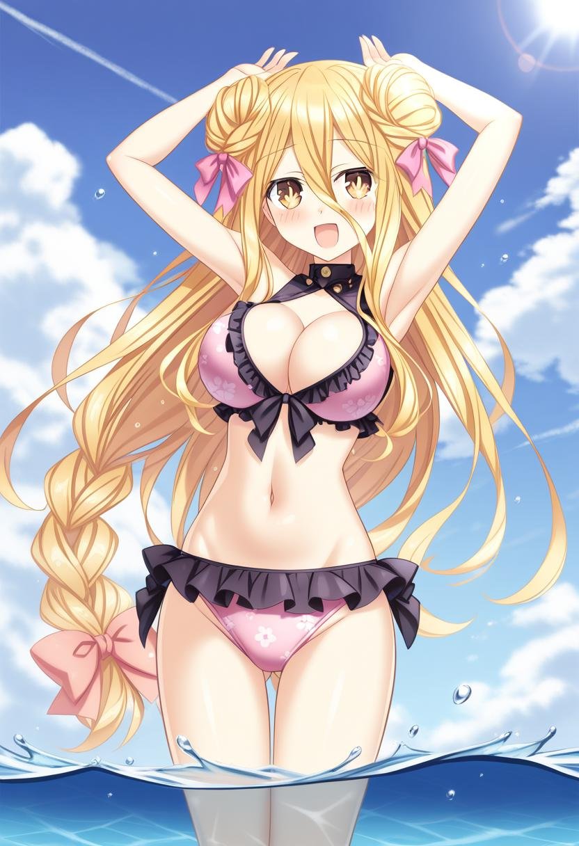 1girl, hoshimiya mukuro, date a live, tsubasaki, armpits, arms up, ball, beachball, bikini, blonde hair, blush, bow, braid, breasts, bright pupils, cleavage cutout, clothing cutout, cloud, cloudy sky, day, double bun, floral print, frilled bikini, frills, hair between eyes, hair bow, hair bun, large breasts, long hair, midriff, navel, ocean, open mouth, outdoors, pink bikini, sky, smile, solo, swimsuit, very long hair, wading, yellow eyes, very aesthetic, masterpiece, absurdres, <lora:serie-date_a_live>