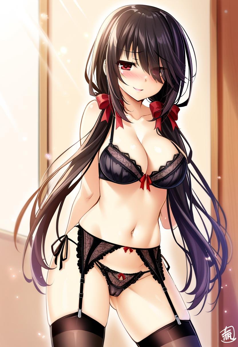 1girl, tokisaki kurumi, date a live, okitakung, black bra, black panties, black thighhighs, blush, bow, bow panties, bra, breasts, cameltoe, cleavage, garter belt, hair bow, hair over one eye, indoors, lace, lace panties, large breasts, lens flare, light particles, lingerie, long hair, looking at viewer, midriff, naughty face, navel, panties, panties over garter belt, red eyes, side-tie panties, smile, solo, sparkle, stomach, thighhighs, twintails, underwear, underwear only, very aesthetic, masterpiece, absurdres, <lora:serie-date_a_live>