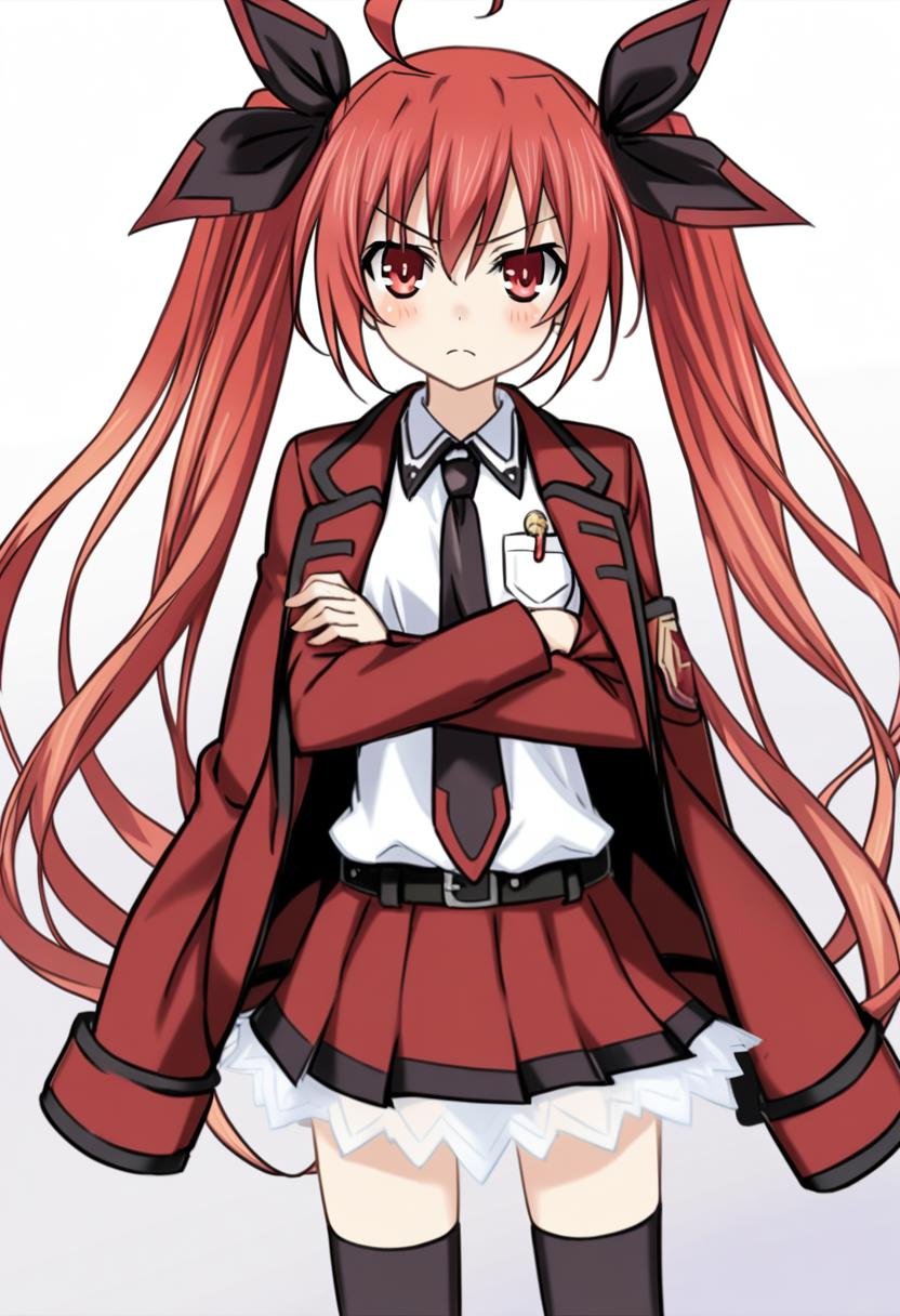 1girl, itsuka kotori, date a live, solo, skirt, long hair, red eyes, necktie, shirt, jacket on shoulders, twintails, crossed arms, white shirt, jacket, thighhighs, red hair, red jacket, looking at viewer, very long hair, collared shirt, ahoge, long sleeves, red skirt, hair between eyes, zettai ryouiki, closed mouth, black necktie, thigh boots, boots, miniskirt, belt, standing, ribbon, wing collar, blush, simple background, hair ribbon, frown, cowboy shot, pleated skirt, pocket, black thighhighs, grey background, breast pocket, bow, white background, floating hair, hair bow, open clothes, dress shirt, black ribbon, open jacket, buckle, belt buckle, frilled skirt, black belt, v-shaped eyebrows, gradient background, sidelocks, black bow, school uniform, <lora:serie-date_a_live>