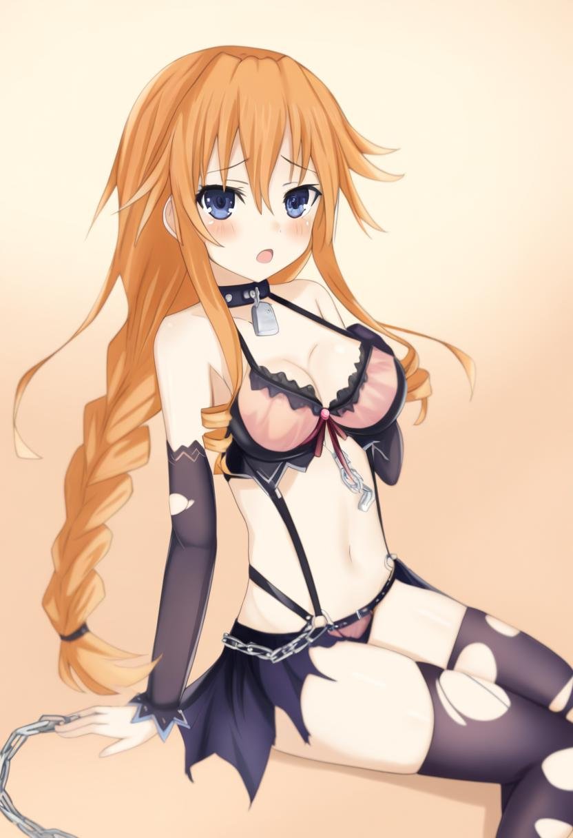 1girl, yamai yuzuru, date a live, vesperia, blue eyes, blush, braid, breasts, chain, collar, drill hair, long hair, looking at viewer, medium breasts, open mouth, orange hair, single braid, solo, tears, thighhighs, torn clothes, very aesthetic, masterpiece, absurdres, <lora:serie-date_a_live>