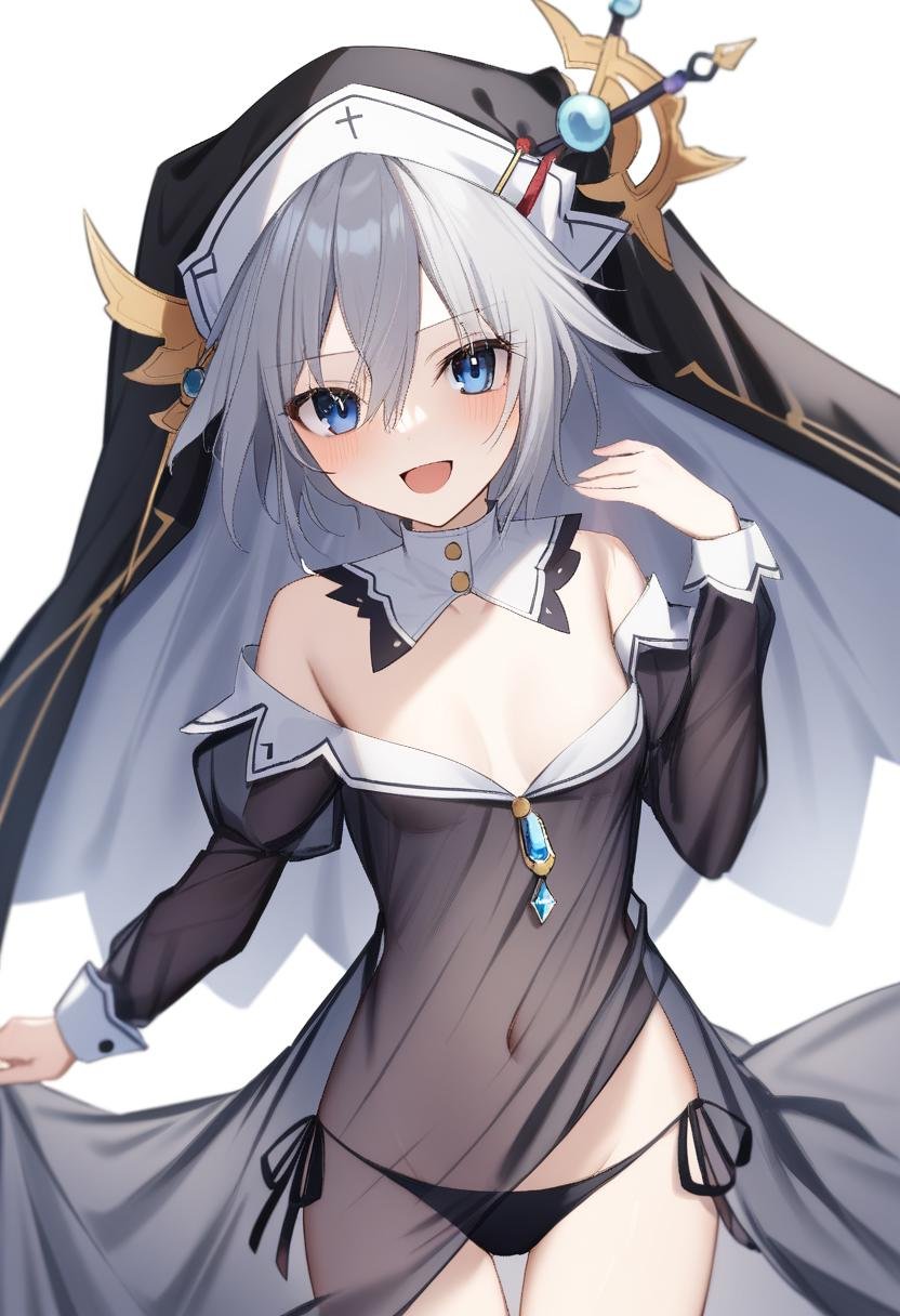 1girl, honjou nia, date a live, nogi lace, :d, black headwear, black panties, blue eyes, breasts, cleavage, cowboy shot, detached collar, dress, grey dress, grey hair, habit, hair between eyes, holding, long sleeves, looking at viewer, nun, off-shoulder dress, off shoulder, open mouth, panties, see-through, see-through dress, short hair, side-tie panties, simple background, small breasts, smile, solo, standing, thigh gap, underwear, veil, white background, very aesthetic, masterpiece, absurdres, <lora:serie-date_a_live>