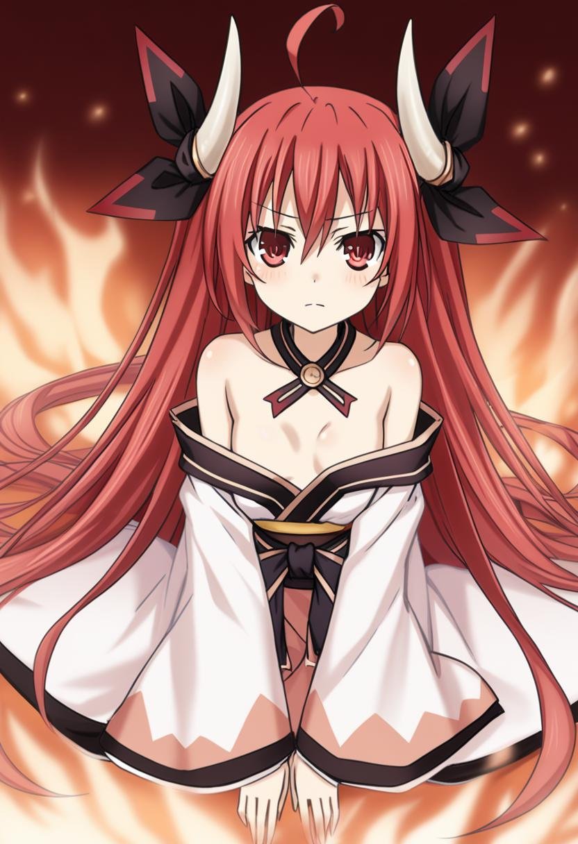 1girl, itsuka kotori, date a live, horns, solo, red eyes, red hair, long hair, looking at viewer, ahoge, fire, breasts, bare shoulders, japanese clothes, ribbon, small breasts, hair between eyes, white kimono, kimono, black ribbon, long sleeves, sitting, hair ribbon, off shoulder, very long hair, cleavage, wide sleeves, closed mouth, hand between legs, between legs, horn ornament, <lora:serie-date_a_live>