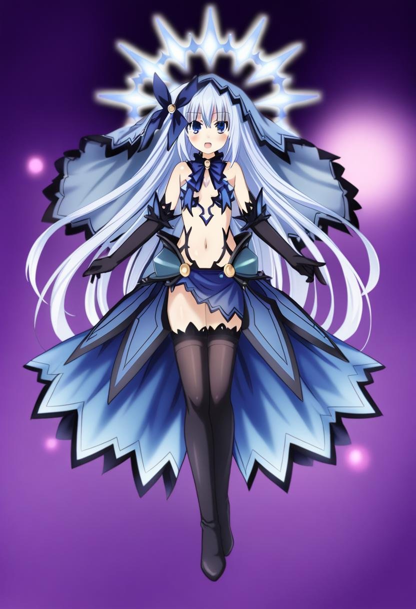 1girl, tobiichi origami, date a live, solo, long hair, thighhighs, navel, blue eyes, gloves, breasts, white hair, veil, blush, black gloves, looking at viewer, full body, bare shoulders, thigh boots, hair between eyes, dress, boots, small breasts, very long hair, elbow gloves, open mouth, blue dress, black footwear, revealing clothes, black thighhighs, high heels, blue skirt, halo, skirt, stomach, <lora:serie-date_a_live>