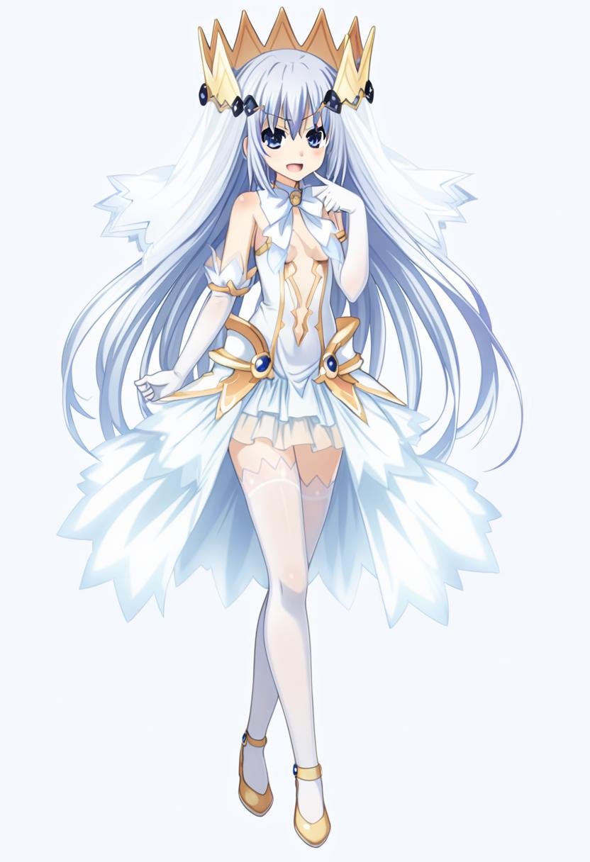 1girl, tobiichi origami, date a live, :d, arm behind back, bare shoulders, blue eyes, blush, bow, bowtie, center opening, covered navel, crossed legs, crown, dress, elbow gloves, finger gun, full body, gloves, hand up, happy, layered dress, long hair, looking at viewer, skin tight, sleeveless, sleeveless dress, smile, solo, thighhighs, thumb to mouth, veil, very long hair, white bow, white bowtie, white dress, white gloves, white hair, white thighhighs, very aesthetic, masterpiece, absurdres, <lora:serie-date_a_live>