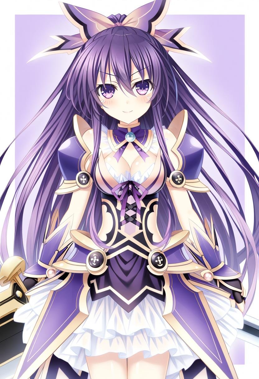 1girl, yatogami tooka, date a live, tsubasaki, armor, armored dress, bow, chibi, dress, frilled dress, frills, hair bow, long hair, ponytail, purple dress, purple eyes, purple hair, purple ribbon, ribbon, shoulder armor, smile, sword, weapon, very aesthetic, masterpiece, absurdres, <lora:serie-date_a_live>