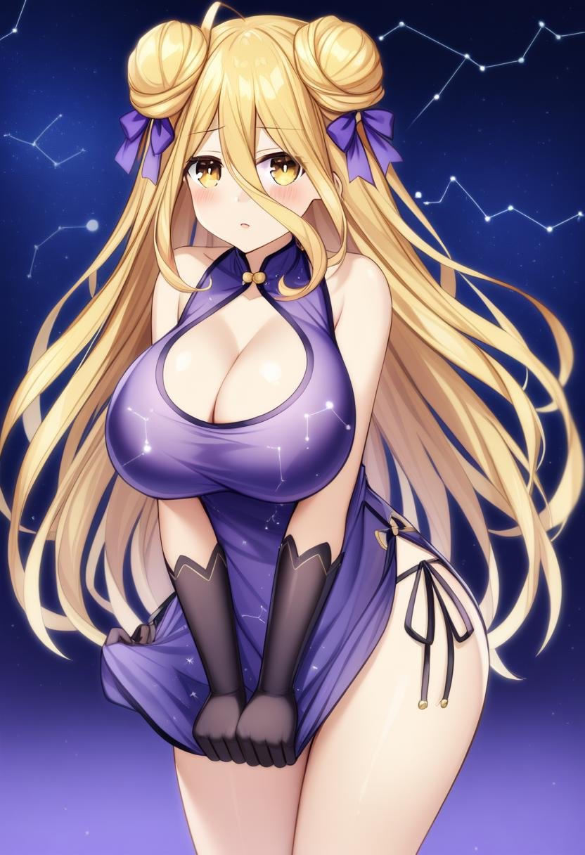 1girl, hoshimiya mukuro, date a live, andromeda \(constellation\), bare shoulders, big dipper, black gloves, blonde hair, blue bow, blush, bow, breasts, cancer \(constellation\), capricorn \(constellation\), cassiopeia \(constellation\), chinese zodiac, cleavage, constellation, constellation print, cygnus \(constellation\), double bun, dress, expressionless, gemini \(constellation\), gloves, hair between eyes, hair bow, hair bun, hip focus, holding, holding key, huge breasts, key, leaning forward, libra \(constellation\), long hair, no panties, parted lips, pegasus \(constellation\), pisces \(constellation\), purple bow, purple dress, sagittarius \(constellation\), scorpius \(constellation\), side-tie dress, sky, sleeveless, sleeveless dress, solo, star \(sky\), staring, starry sky, starry sky print, taurus \(constellation\), thighs, v arms, very long hair, yellow eyes, very aesthetic, masterpiece, absurdres, <lora:serie-date_a_live>