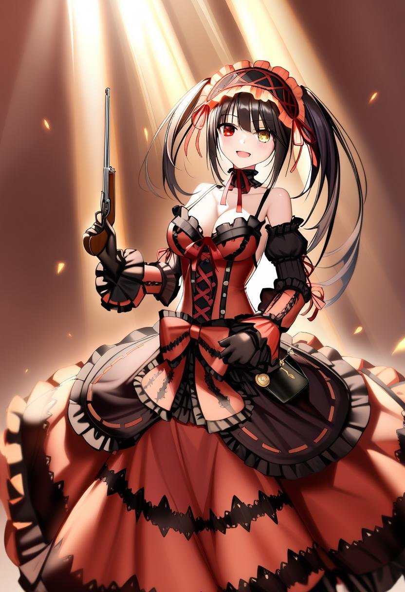 1girl, tokisaki kurumi, date a live, 9 vcat, antique firearm, bare shoulders, black gloves, black hair, breasts, cleavage, clock, clock eyes, dress, firelock, flintlock, gloves, gun, hairband, heterochromia, holding, light rays, long hair, long sleeves, medium breasts, open mouth, red dress, red eyes, ribbon, smile, solo, symbol-shaped pupils, twintails, weapon, yellow eyes, very aesthetic, masterpiece, absurdres, <lora:serie-date_a_live>