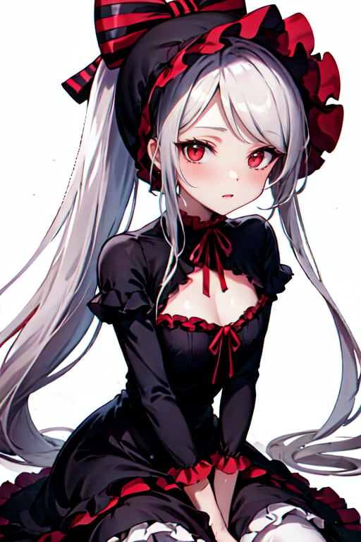 shalltear,1girl,solo,long hair, breasts,looking at viewer,blush,bangs,red eyes,long ,sleeves,white background,dress,bow,ribbon,sitting,very long hair,closed mouth,ponytail,hair bow,grey hair,sidelocks,frills,striped,twitter,username,black dress,neck ribbon,frilled dress,?,lolita fashion,striped bow,gothic lolita,vampire,bonnet, ,Quality, (masterpiece), highres, intricate, intricate details, absurdres, finely detailed, ultra-high texture quality,