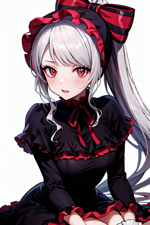 shalltear,1girl,solo,long hair, breasts,looking at viewer,blush,bangs,red eyes,long ,sleeves,white background,dress,bow,ribbon,sitting,very long hair,closed mouth,ponytail,hair bow,grey hair,sidelocks,frills,striped,twitter,username,black dress,neck ribbon,frilled dress,?,lolita fashion,striped bow,gothic lolita,vampire,bonnet, ,Quality, (masterpiece), highres, intricate, intricate details, absurdres, finely detailed, ultra-high texture quality,