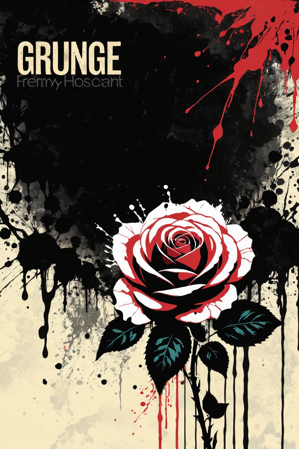 (An amazing and captivating abstract illustration:1.4), english text, text focus, cover, album cover, (black rose:1.2), black stains, (dripping white paint:1.1), (grunge style:1.4), (colorful and minimalistic:1.3), (2004 aesthetics:1.2),(beautiful vector shapes:1.3), with (the text "GRUNGE":1.4), text block. BREAK (red background:1.3), (red theme:1.1), sharp details. BREAK highest quality, detailed and intricate, original artwork, trendy, no humans, vintage, award-winning, artint, SFW,