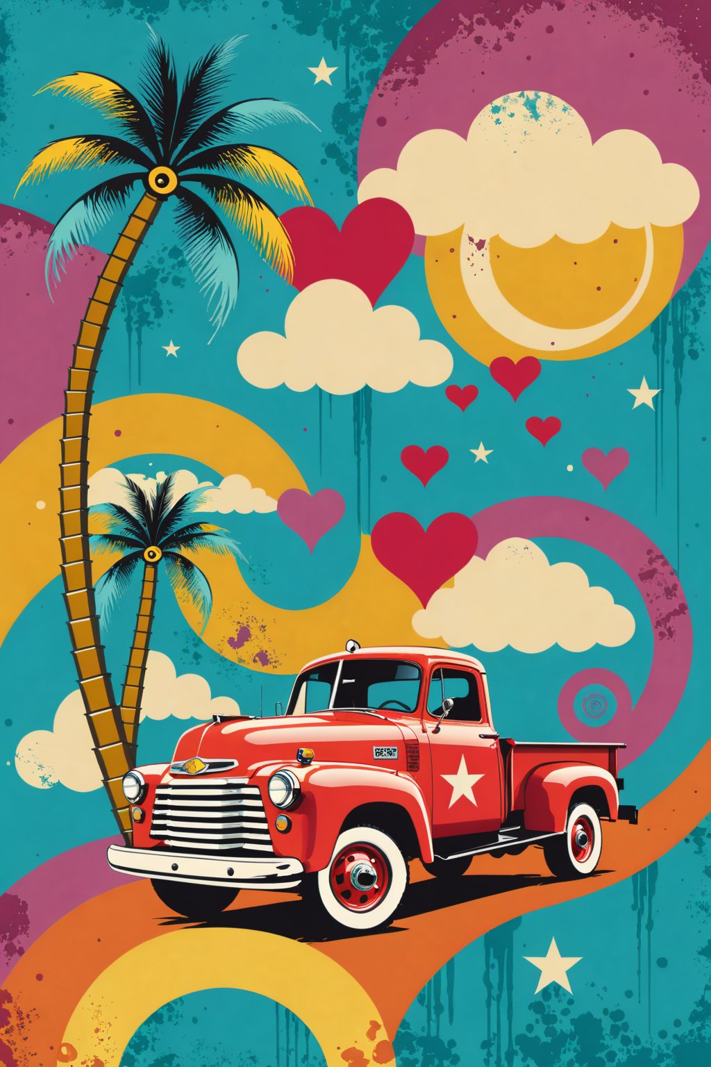 (An amazing and captivating abstract illustration:1.4), toy truck, veichle focus, motor vehicle, no humans, (grunge style:1.1), (frutiger style:1.3), (colorful:1.3), (2004 aesthetics:1.2). BREAK (beautiful vector shapes:1.3), clouds, palm trees, circles, (no text:1.4), swirls, heart \(symbol\), (gradient background:1.3). BREAK highest quality, sharp details, oversaturated, detailed and intricate, original artwork, trendy, vintage, award-winning, artint, SFW