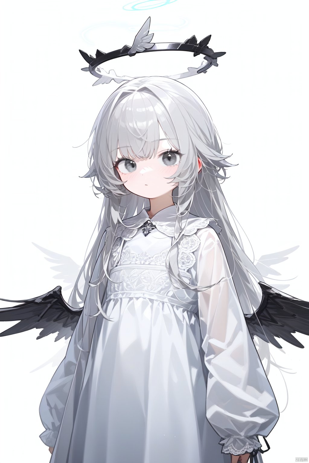 1girl, solo, halo, white background, dress, simple background, grey eyes, long hair, grey hair, long sleeves, sleeves past wrists, white dress, wings