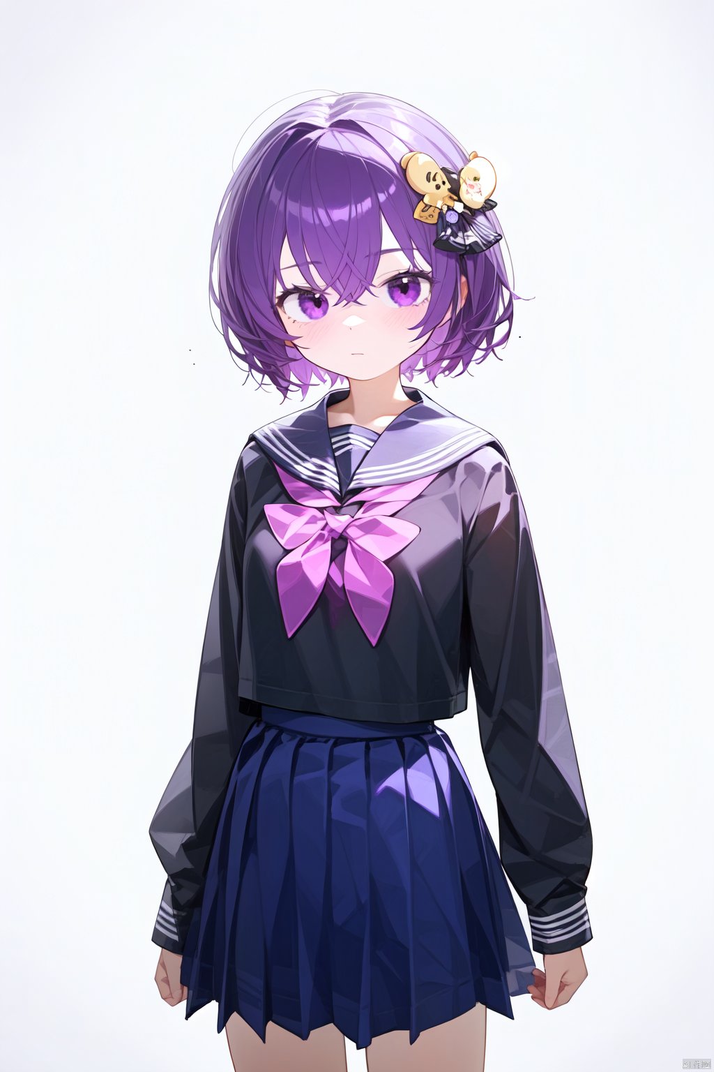 1girl, solo, looking at viewer, short hair, bangs, skirt, shirt, hair ornament, long sleeves, bow, hair between eyes, closed mouth, school uniform, standing, purple eyes, purple hair, hair bow, cowboy shot, pleated skirt, serafuku, black skirt, sailor collar, white bow, black sailor collar, arms at sides, transparent