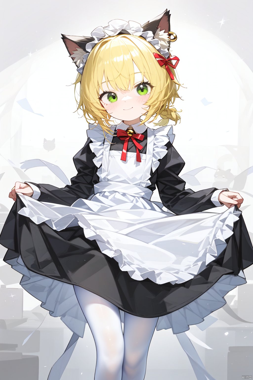 petite,apron, solo, dress, 1boy, male_focus, blonde_hair, otoko_no_ko, skirt_hold, pantyhose, virtual_youtuber, smile, green_eyes, long_sleeves, juliet_sleeves, puffy_sleeves, bell, maid, braid, animal_ears, white_apron, white_pantyhose, blush, frills, black_footwear, maid_headdress, looking_at_viewer, frilled_apron, standing_on_one_leg, bangs, shoes, hair_bell, closed_mouth, mary_janes, maid_apron, standing, cat_ears, black_dress, petticoat, bow, crossdressing, jingle_bell, high_heels, frilled_dress, short_hair, hairband, crown_braid, hair_ornament, leg_up, waist_apron, ribbon, hair_bow, long_dress