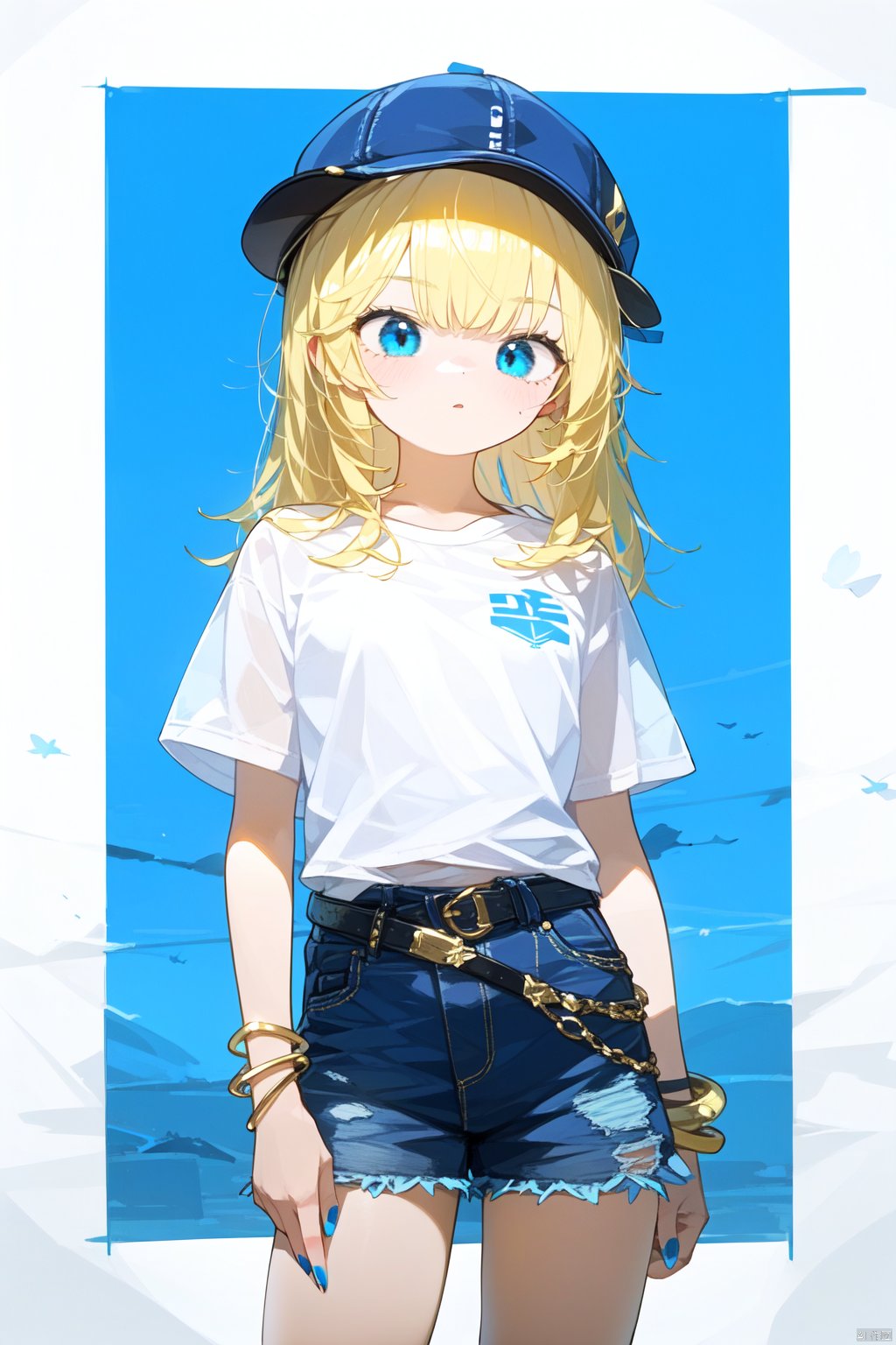 1girl, bangle, bangs, baseball_cap, belt, blonde_hair, blue_bow, blue_headwear, blue_legwear, blue_nails, blue_shorts,