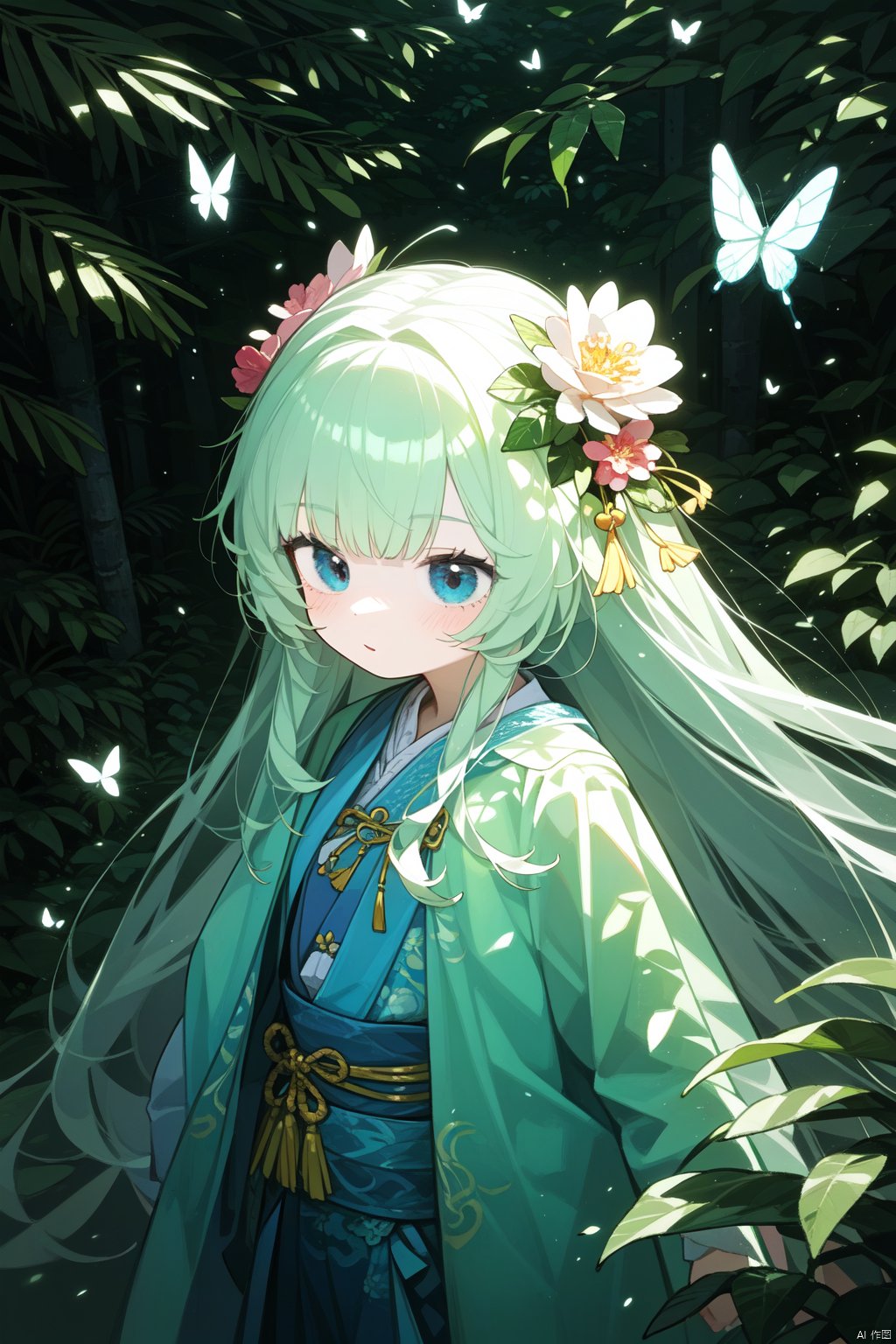 1 girl, surrounded by big leaf plants, wearing flower accessories, (Old-growth forest), (long hair) puberty, young girl, bright outline,Butterfly Dance,surrealistic,tuyawang, senlin