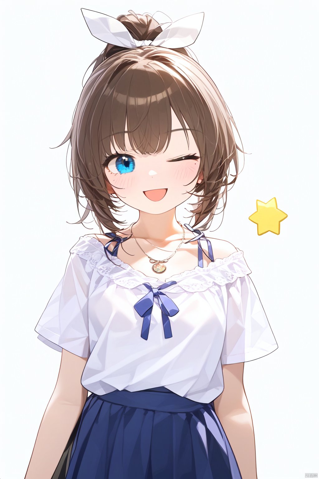 1girl, solo, one_eye_closed, blue_eyes, smile, ;d, ponytail, brown_hair, jewelry, open_mouth, hair_ribbon, ribbon, shirt, necklace, skirt, sidelocks, off-shoulder_shirt, short_sleeves, bangs, white_shirt, striped_ribbon, white_ribbon, looking_at_viewer, collarbone, frills, frilled_shirt, off_shoulder, yellow_skirt, pendant, hand_up, waving