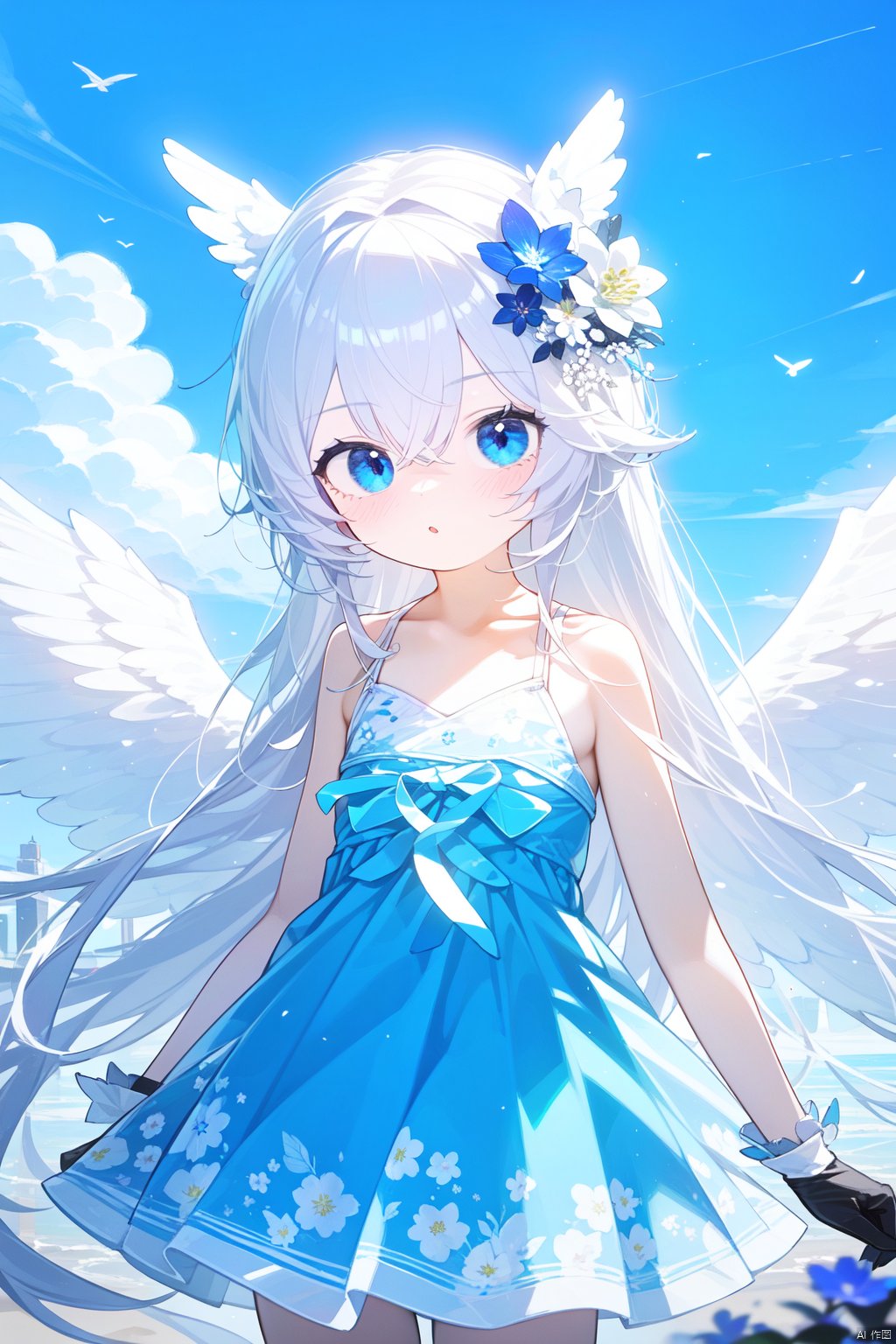 best quality, amazing quality, very aesthetic,petite,1girl, solo, blue_eyes, dress, long_hair, gloves, hair_between_eyes, wings, hair_ornament, looking_at_viewer, feathered_wings, floral_print, flower, hair_flower, bangs, very_long_hair, collarbone, sky, white_wings, white_dress, angel_wings, blue_theme, blue_dress, white_hair