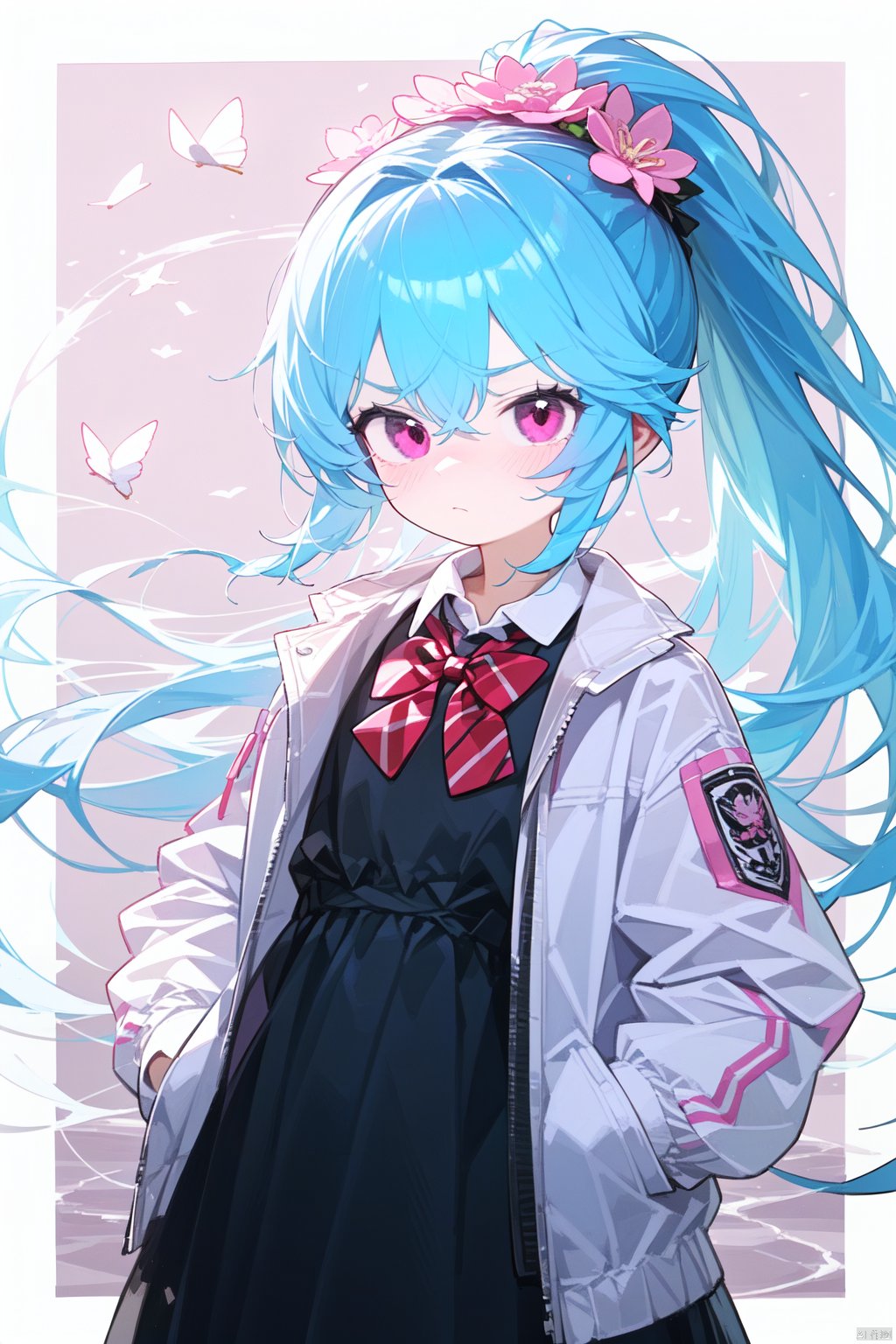 (best quality), ((masterpiece)), (highres),standing,original, extremely detailed wallpaper, (an extremely delicate and beautiful),pink eyes,,(loli),(petite),blue hair,(white Jacket),high ponytail,white collared shirt,hair flower,fipped hair,floating hair,Frown,hands in pockets,black dress,red bowtie,(solo),