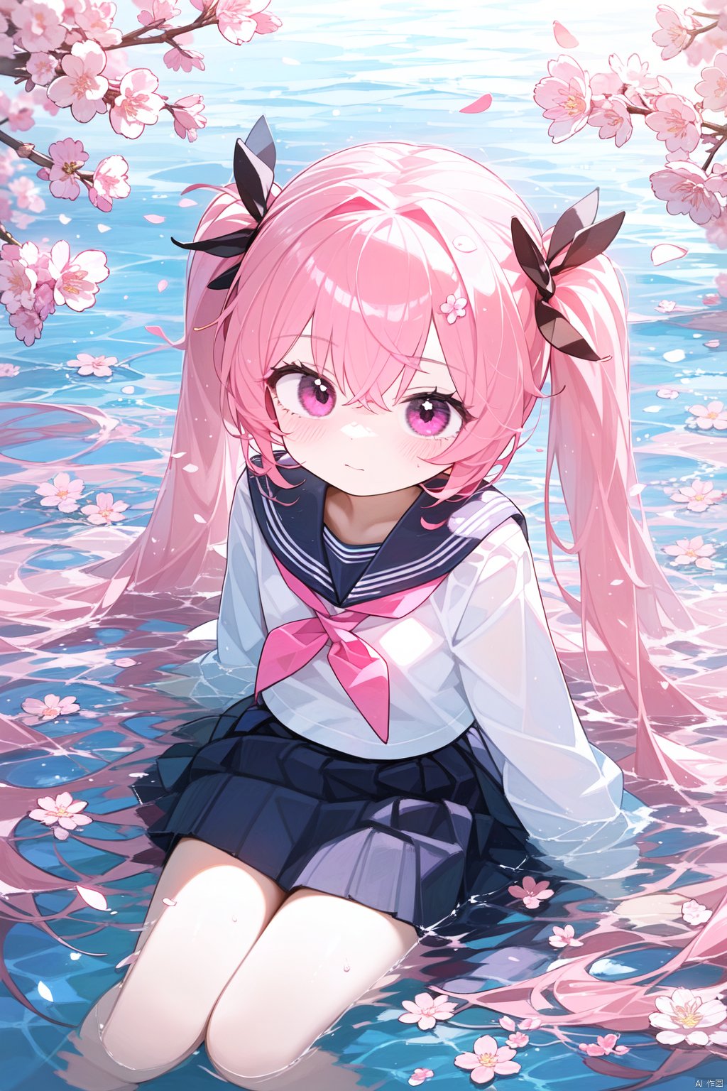 1girl, solo, long_hair, pink_hair, cherry_blossoms, skirt, very_long_hair, ripples, school_uniform, twintails, black_skirt, reflection, serafuku, from_above, neckerchief, shirt, pleated_skirt, pink_eyes, sailor_collar, long_sleeves, black_shirt, flower, black_serafuku, sitting, water, looking_up, bangs, looking_at_viewer, petals, closed_mouth, black_sailor_collar