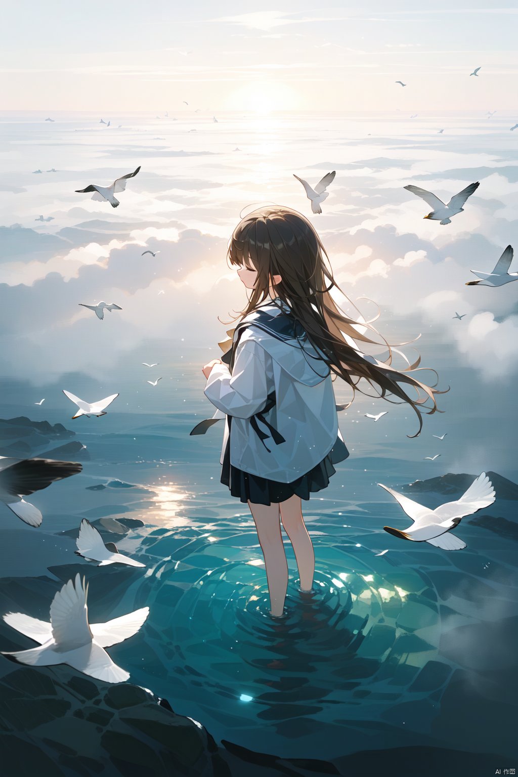 1girl, brown hair, long hair, closed eyes, (above ground), (water surface, reflection, surrounded by white birds), ((from above)), blurry, (full body, wide shot, panorama), (grey background), (shining, fog)