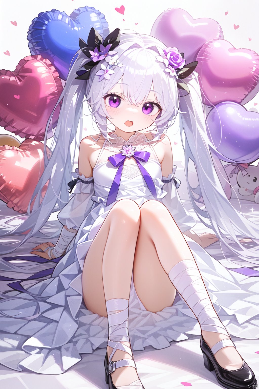 1girl, bandaged_arm, bandaged_leg, bandages, bare_shoulders, bow, detached_sleeves, dress, flower, hair_flower, hair_ornament, heart, heart_balloon, long_hair, looking_at_viewer, open_mouth, purple_eyes, rose, sitting, solo, sparkle, twintails, very_long_hair, wedding_dress, white_dress, white_footwear, white_hair