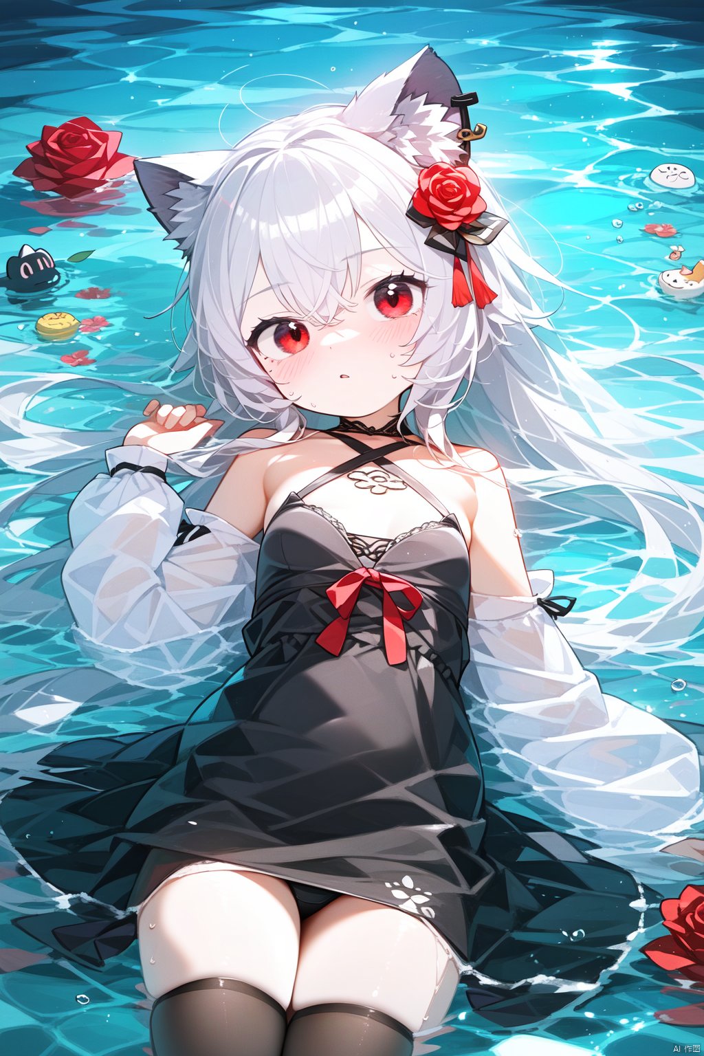 best quality, amazing quality, very aesthetic,petite,loli,1girl, solo, animal_ears, dress, red_eyes, thighhighs, rose, long_hair, looking_at_viewer, black_dress, white_hair, flower, lion_ears, hair_ornament, tail, breasts, hair_between_eyes, red_rose, long_sleeves, choker, bangs, bow, animal_ear_fluff, red_flower, blush, water, partially_submerged, virtual_youtuber, lying, (\shen ming shao nv\)