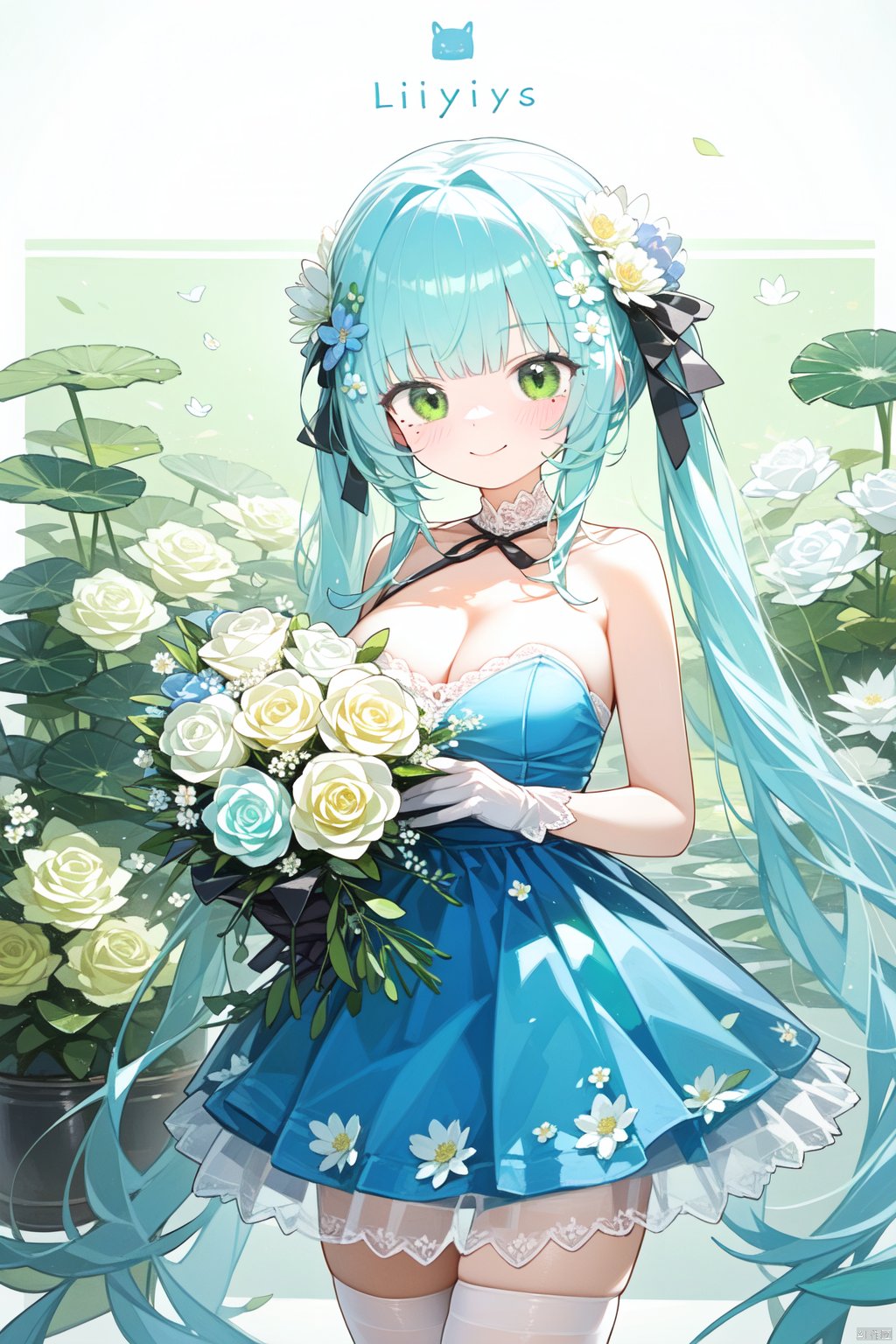 1girl, bangs, bare_shoulders, blue_dress, bouquet, breasts, character_name, cleavage, closed_mouth, daisy, dress, eyebrows_visible_through_hair, floral_background, flower, gloves, green_eyes, hair_ornament, hk416_\(girls'_frontline\), holding_bouquet, holding_flower, lily_\(flower\), lily_of_the_valley, lily_pad, long_hair, looking_at_viewer, lotus, low_twintails, mole, multi-tied_hair, ribbon, smile, solo, strapless_dress, thighhighs, vase, very_long_hair, white_flower, white_rose