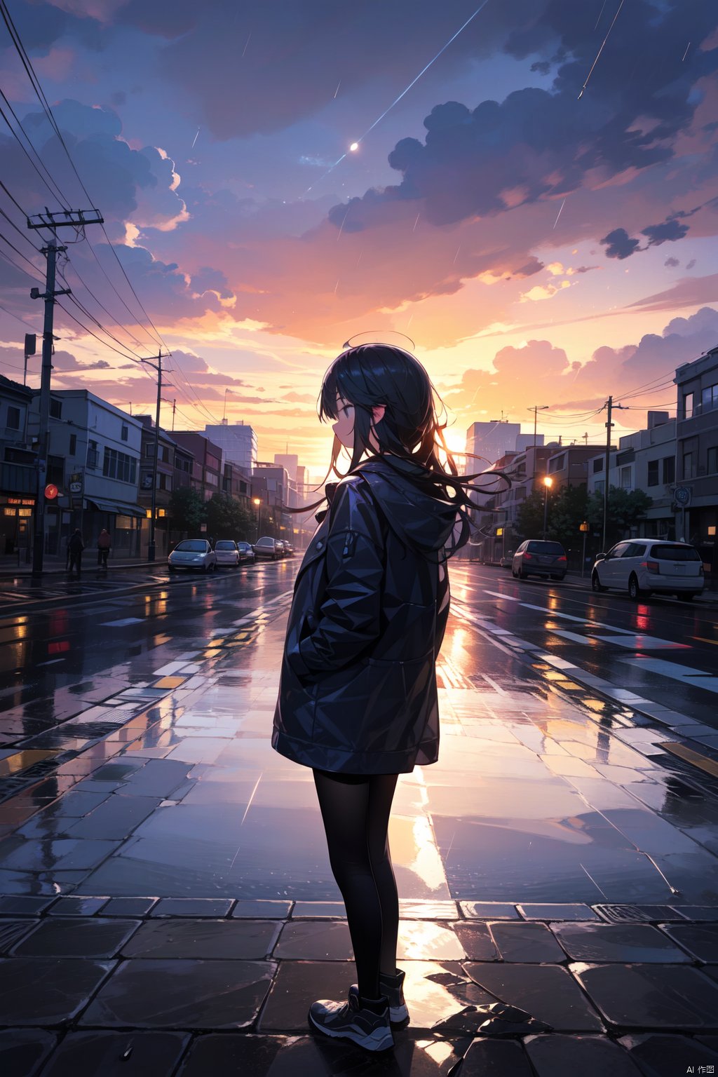 masterpiece,best quality,(ray tracing, cinematic lighting),ex-light,(central composition, Centered Composition and Symmetry:0.6),(back to camera:1.3),backlight,1girl,((solo)),black long hair,messy hair,jacket,pantyhose,rainy day,Cumulonimbus Cloud,(put hands in pockets),(outdoors, rain, sky, deserted streets, watered-down pavements, crossroad, fork in the road),tall buildings,bell towers,glass,reflections,streetlights,sunset,Tyndall Effect,