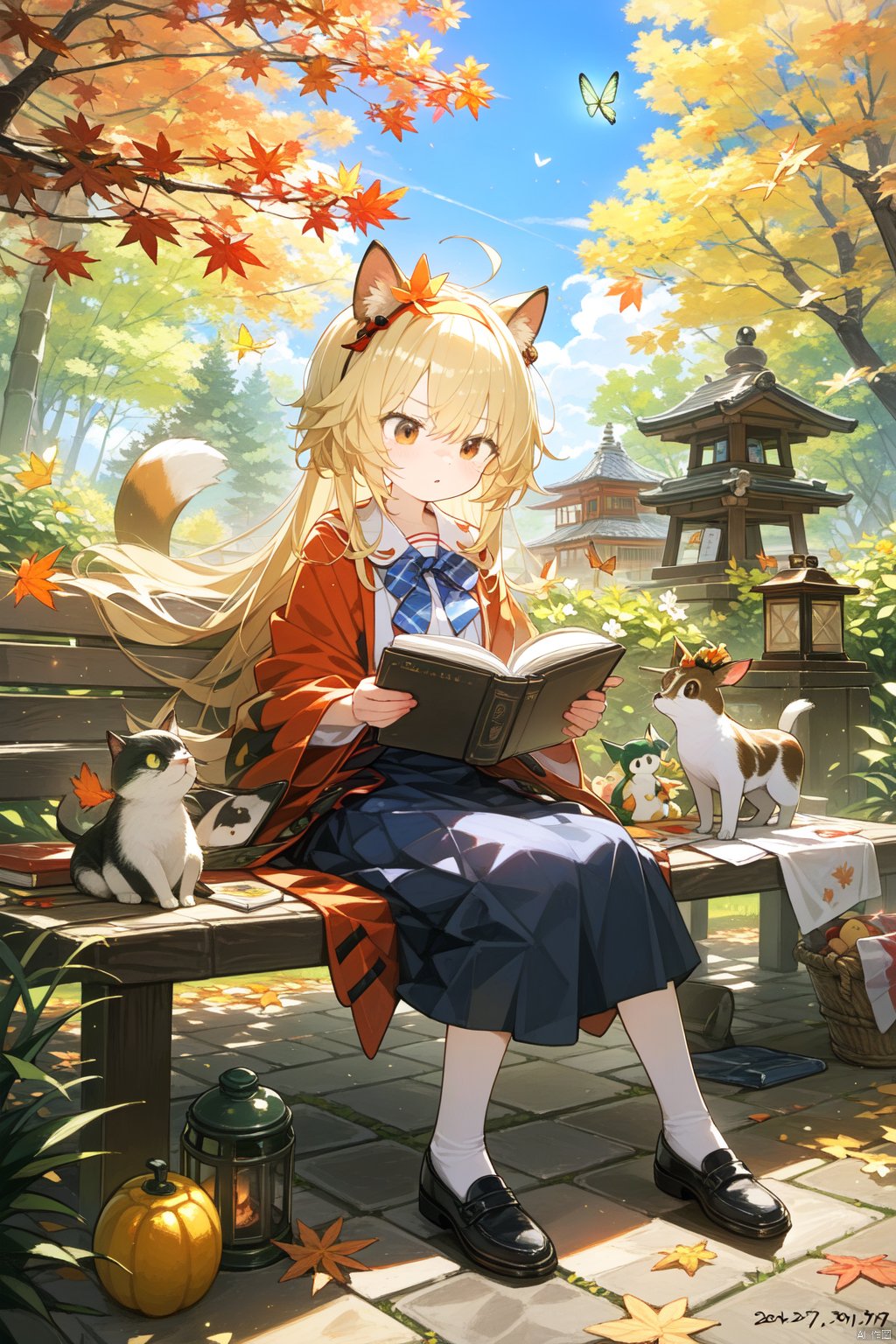 1girl, acorn, aki_minoriko, aki_shizuha, album_cover, amagi_\(kancolle\), anger_vein, animal, anjou_naruko, architecture, autumn, autumn_leaves, bamboo_broom, bench, black_blouse, blanket, blonde_hair, blue_skirt, board_game, book, book_stack, bookmark, bowtie, broom, burning, calendar_\(medium\), campfire, cat, collared_dress, command_spell, crab, cyndaquil, dated, day, deer, dragonfly, east_asian_architecture, employee_uniform, falling_leaves, fire, fireplace, forest, fox, ginkgo_leaf, grapes, green_tea, hat, hauchiwa, holding, holding_book, holding_broom, holding_leaf, holding_paintbrush, holding_pen, holding_pencil, inubashiri_momiji, ladder, laurel_crown, leaf, leaf_background, leaf_hair_ornament, leaf_on_head, leaf_print, leaves_in_wind, litten, long_hair, long_skirt, long_sleeves, looking_at_animal, magic_circle, maple_leaf, molten_rock, monkey, multicolored_clothes, mushroom, nature, notebook, on_ground, onbashira, onsen, open_book, orange_dress, orange_flower, orange_hairband, orange_ribbon, orange_theme, outdoors, pagoda, painting, pentagram, pinwheel, plaid, pyrokinesis, reading, red_shirt, red_skirt, ribbon, rope, round_window, sailor_shirt, shimenawa, shirt, sketchbook, skirt, souryuu_asuka_langley, soviet, spoken_anger_vein, squirrel, starfish, starter_pokemon_trio, stone_floor, stone_lantern, suzumiya_haruhi, sweet_potato, tree, under_tree, waitress, waterfall, white_bow, witch_hat, yasaka_kanako, yellow_butterfly, yokozuwari