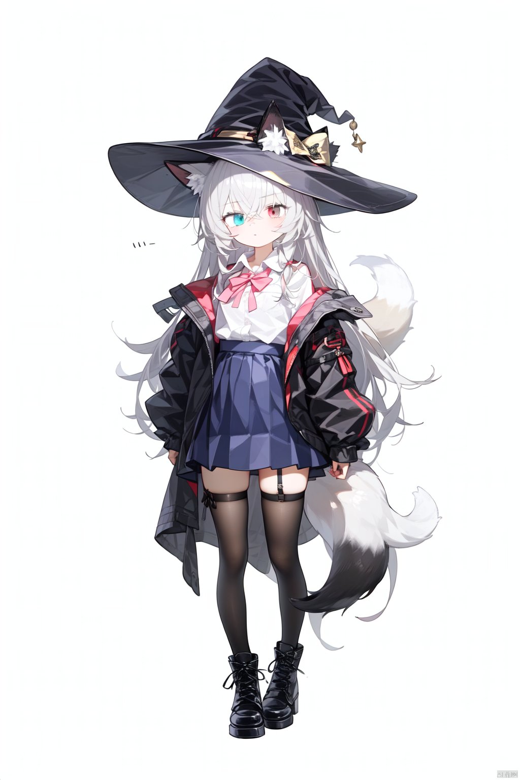 1girl, shirt, white_shirt, animal_ears, jacket, solo, boots, black_headwear, hat, thighhighs, black_footwear, collared_shirt, witch_hat, fox_ears, blue_bow, white_skirt, tail, black_jacket, pleated_skirt, skirt, off_shoulder, dress_shirt, fox_girl, fox_tail, white_background, bow, heterochromia, long_sleeves, garter_straps, open_jacket, ears_through_headwear, long_hair, bangs, hat_bow, black_thighhighs, full_body, animal_ear_fluff, open_clothes, simple_background, hand_on_headwear, standing, sleeves_past_wrists, parted_lips, looking_at_viewer, hair_between_eyes, hand_up, brown_eyes, grey_eyes, grey_hair, white_hair, eyes_visible_through_hair, closed_mouth