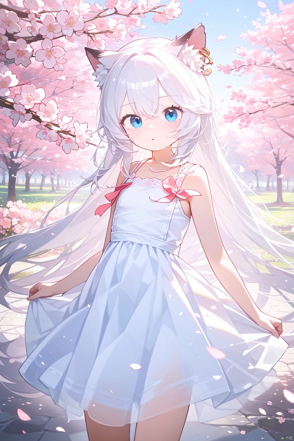 The image features a beautiful anime girl dressed in a flowing white and red dress, standing amidst a flurry of red cherry blossoms. The contrast between her white dress and the red flowers creates a striking visual effect. The lighting in the image is well-balanced, casting a warm glow on the girl and the surrounding flowers. The colors are vibrant and vivid, with the red cherry blossoms standing out against the white sky. The overall style of the image is dreamy and romantic, perfect for a piece of anime artwork. The quality of the image is excellent, with clear details and sharp focus. The girl's dress and the flowers are well-defined, and the background is evenly lit, without any harsh shadows or glare. From a technical standpoint, the image is well-composed, with the girl standing in the center of the frame, surrounded by the blossoms. The use of negative space in the background helps to draw the viewer's attention to the girl and the flowers. The cherry blossoms, often associated with transience and beauty, further reinforce this theme. The girl, lost in her thoughts, seems to be contemplating the fleeting nature of beauty and the passage of time. Overall, this is an impressive image that showcases the photographer's skill in capturing the essence of a scene, as well as their ability to create a compelling narrative through their art.catgirl,loli,catgirl,white hair,blue eyes,white dress,bare shoulders