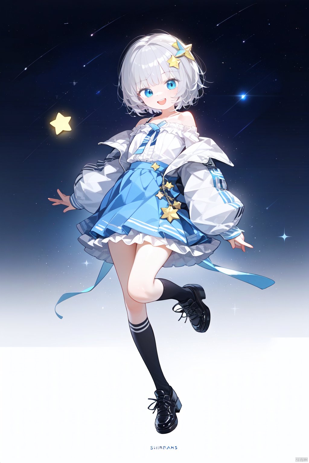 1girl, solo, jacket, short_hair, blue_eyes, socks, full_body, skirt, grey_hair, star_\(symbol\), looking_at_viewer, bangs, shoes, open_mouth, hair_ornament, frills, smile, kneehighs, white_footwear, off_shoulder, blue_skirt, long_sleeves