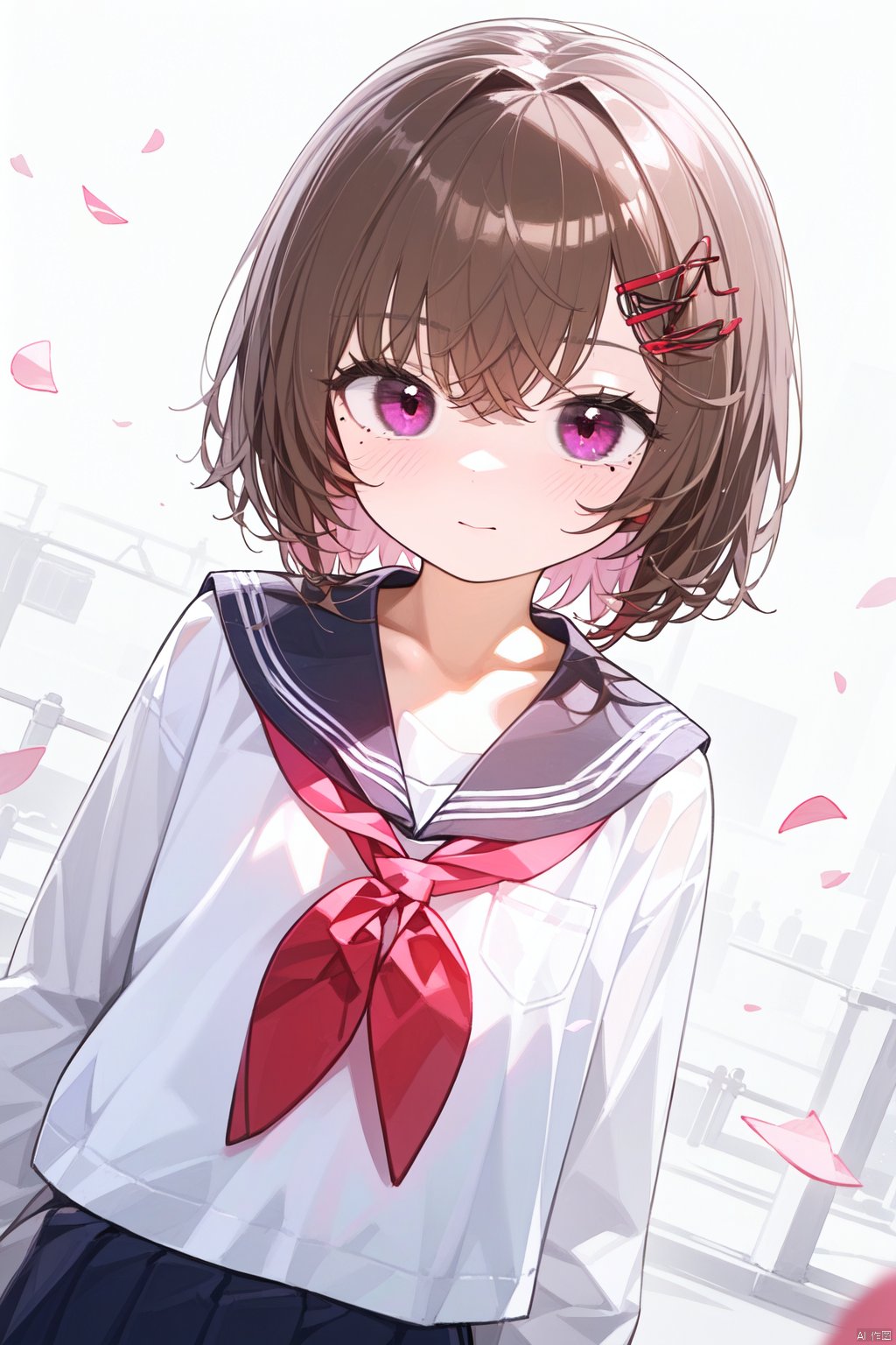 1girl, higuchi_madoka, solo, school_uniform, mole_under_eye, mole, serafuku, brown_hair, short_hair, skirt, black_serafuku, hairclip, hair_ornament, black_skirt, looking_at_viewer, petals, sailor_collar, pleated_skirt, neckerchief, long_sleeves, bangs, red_neckerchief, dutch_angle, shirt, white_background, black_shirt, purple_eyes, red_eyes, black_sailor_collar, collarbone