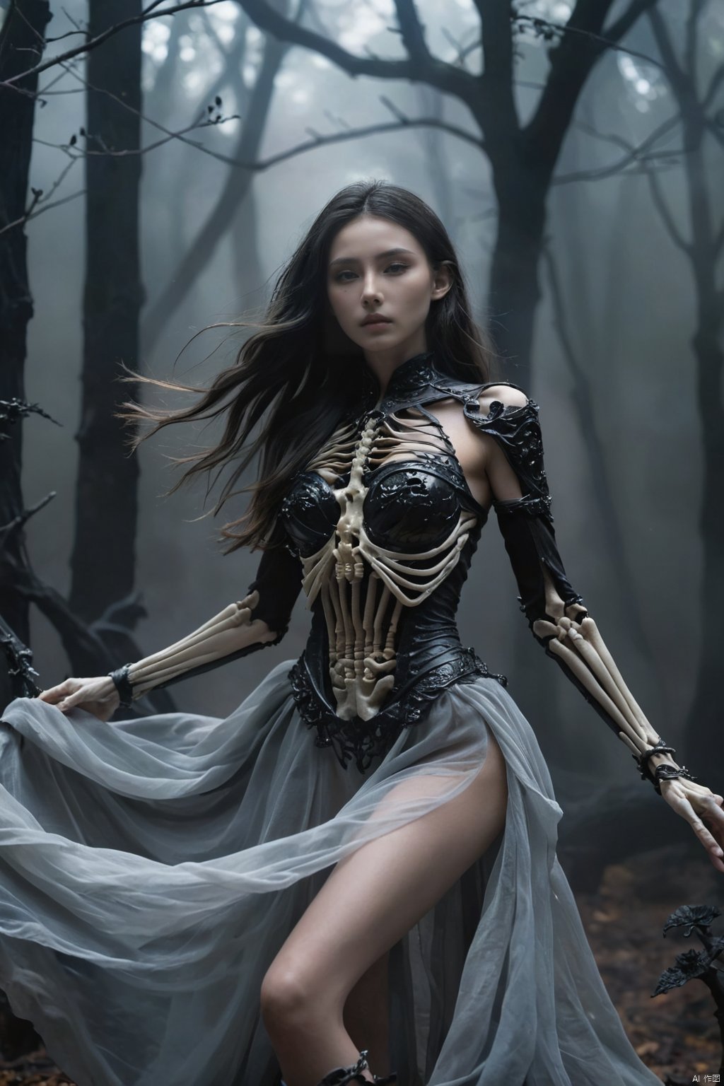  hubg_beauty_girl,
The Skeleton young Witch, flying, epoxy_skull, amidst a black swirling vortex in a dark, mystical forest. A beautiful woman with long hair stands, her figure draped in skeletal armor and an ethereal dress, engulfed by the swirling darkness. The scene is intensely cinematic, dominated by deep shadows pierced by subtle hints of light, crafting a dramatic interplay of darkness and luminescence. Wind, intensified to 1.2, weaves through the trees, enhancing her enigmatic silhouette, now surrounded by black smoke and the eye of a storm. Close-up on her sad expression, amidst sparkling embers and a billowing long piece of cloth, , HUBG_Chinese_Jade