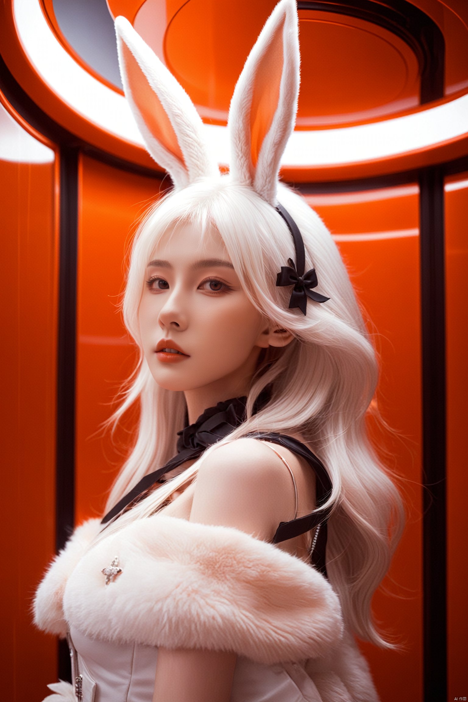 a beautiful female model standing in a space elevator,white hair,rabbit ears,Orange lighting,in the style of realistic hyper-detailed rendering,pseudo-realistic,redscale film,mark henson,nikita veprikov,