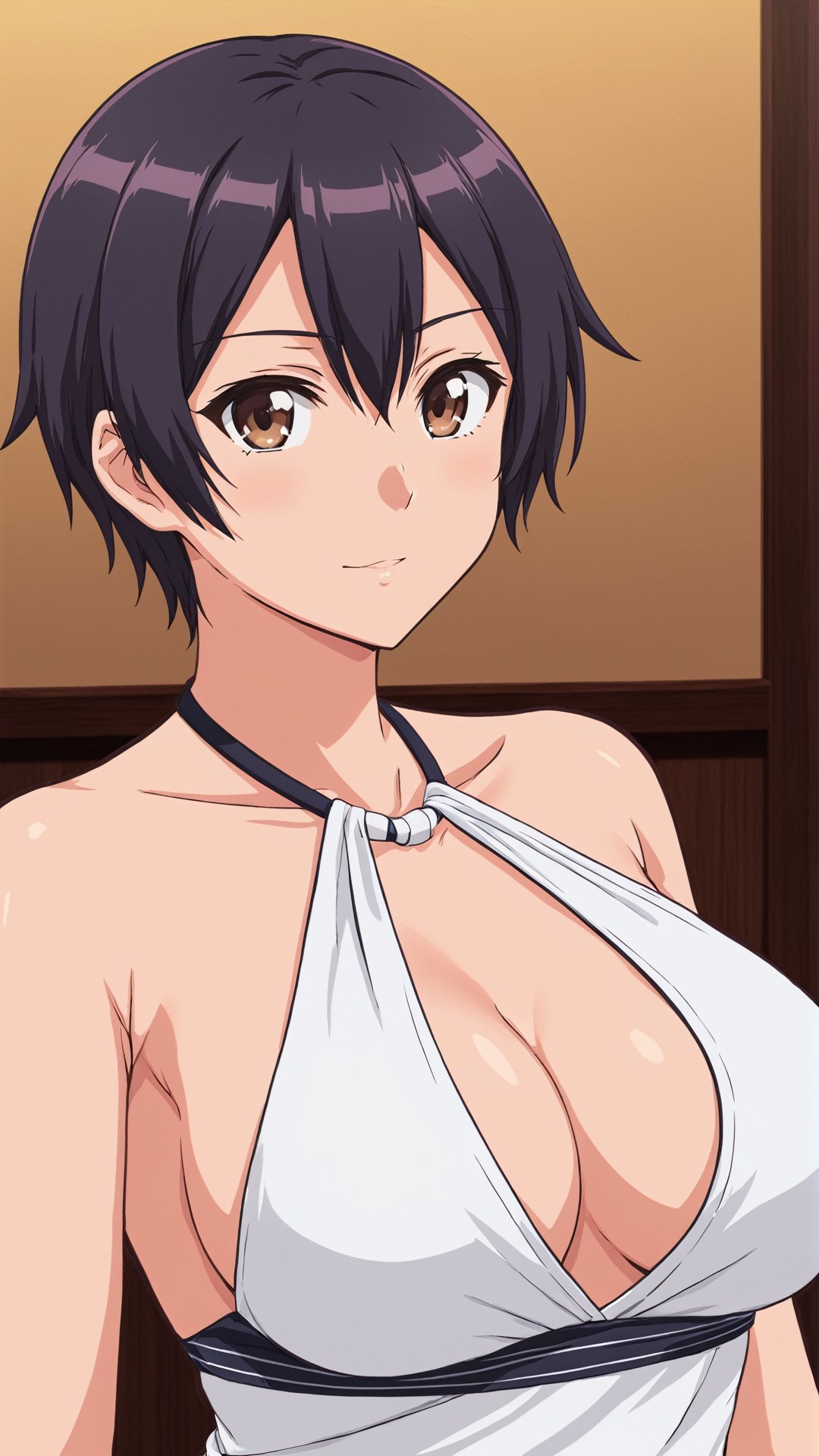 Kokonoe Aki, black hair, short hair, brown eyes, big breasts, 
((halter dress)),
