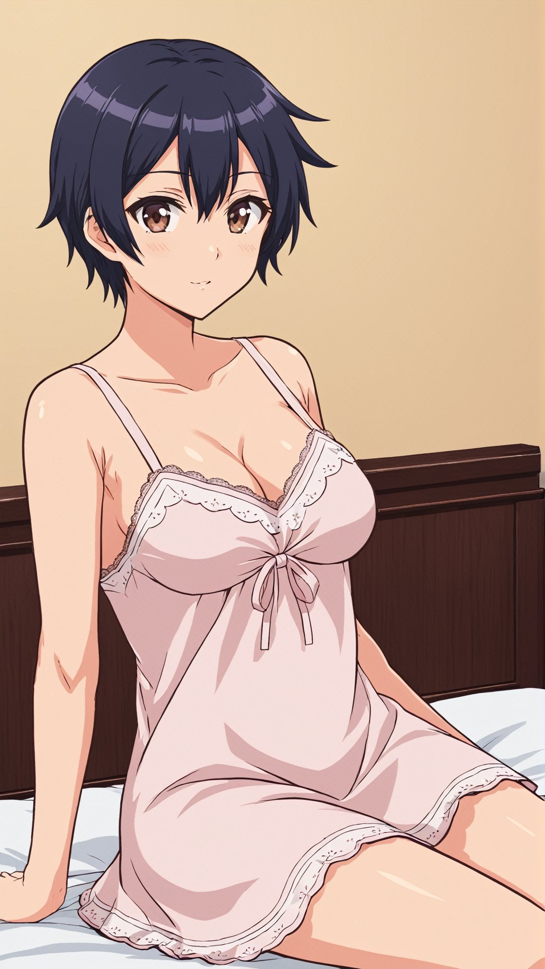 Kokonoe Aki, black hair, short hair, brown eyes, big breasts, ((nightdress)),
