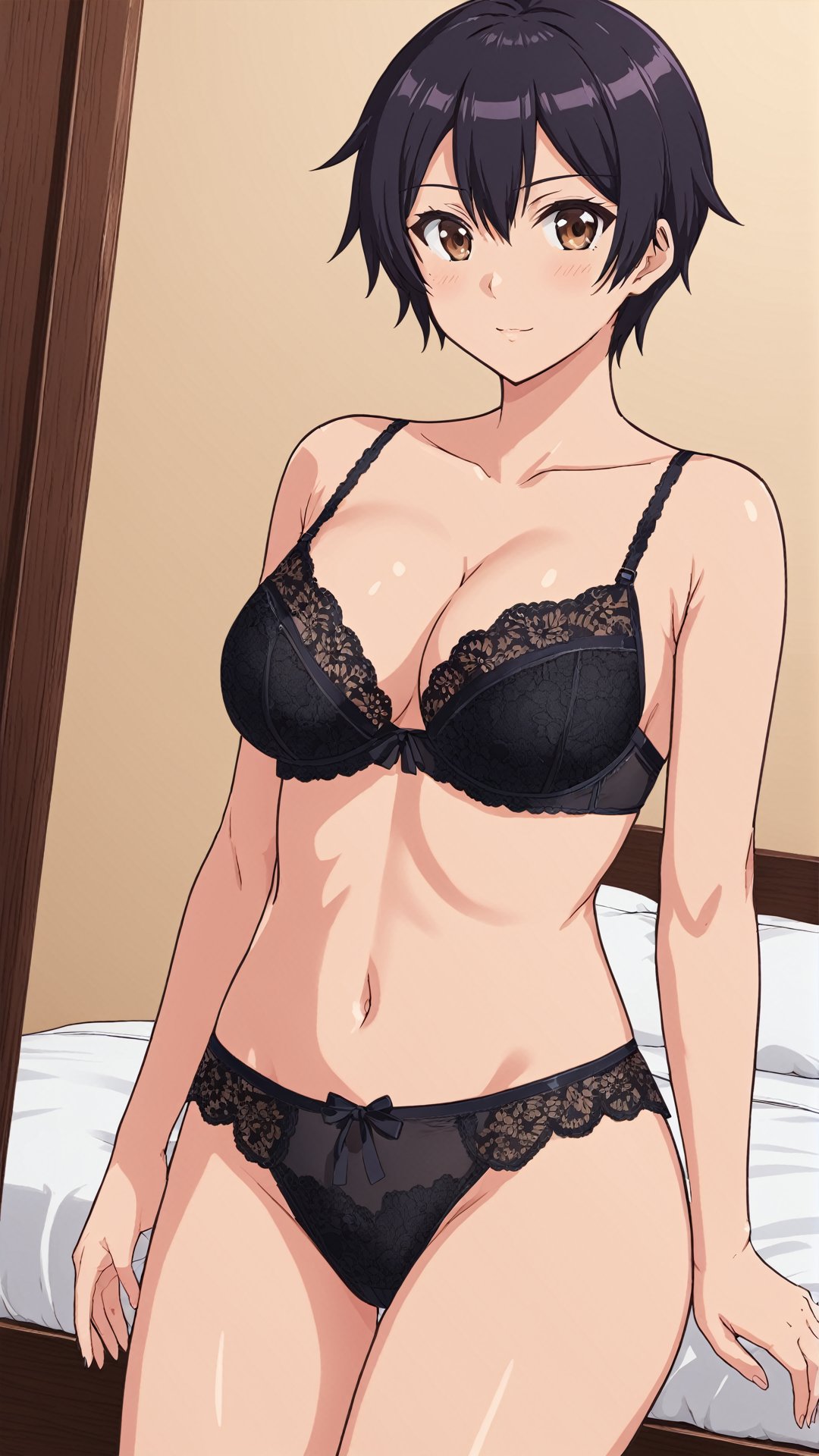 Kokonoe Aki, black hair, short hair, brown eyes, big breasts, 
((sexy lingerie)),
