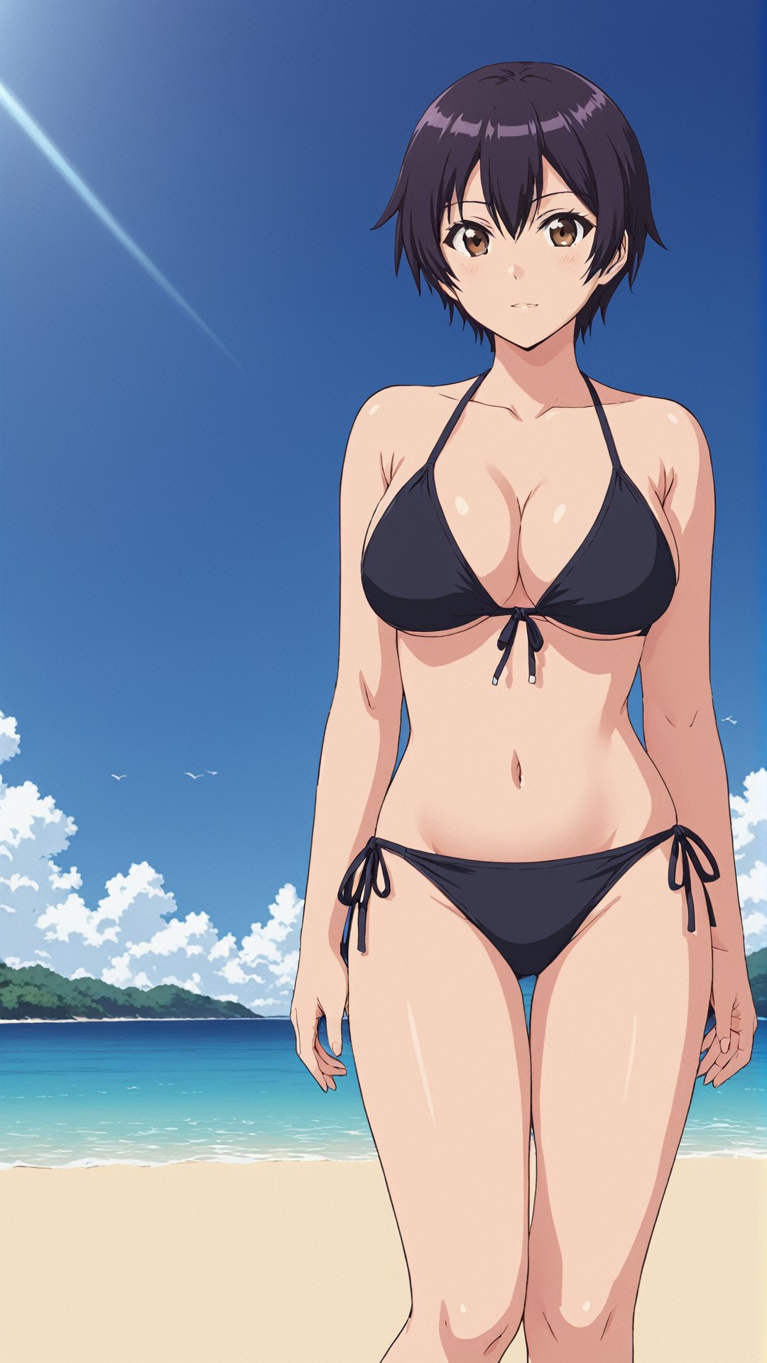 Kokonoe Aki, black hair, short hair, brown eyes, big breasts, 
((bikini)),
