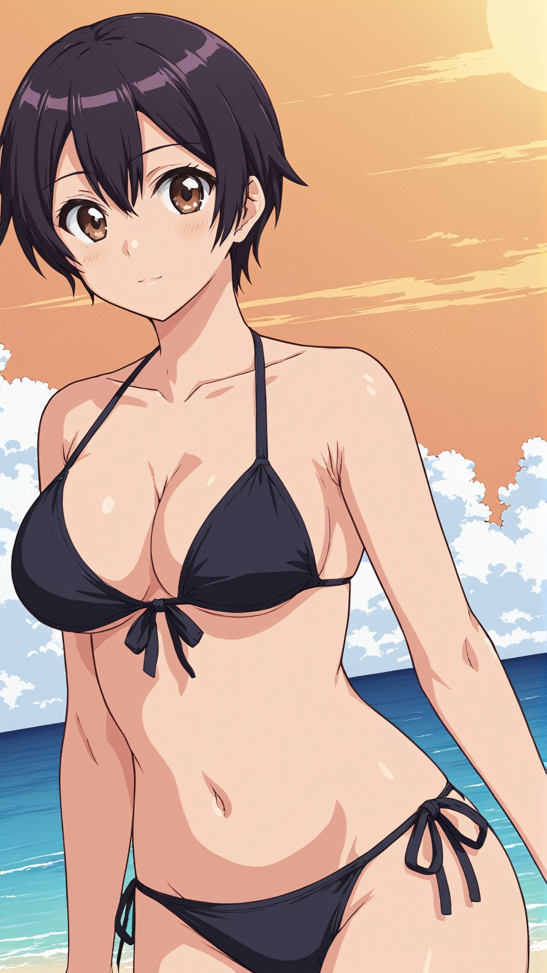 Kokonoe Aki, black hair, short hair, brown eyes, big breasts, 
((bikini)),
