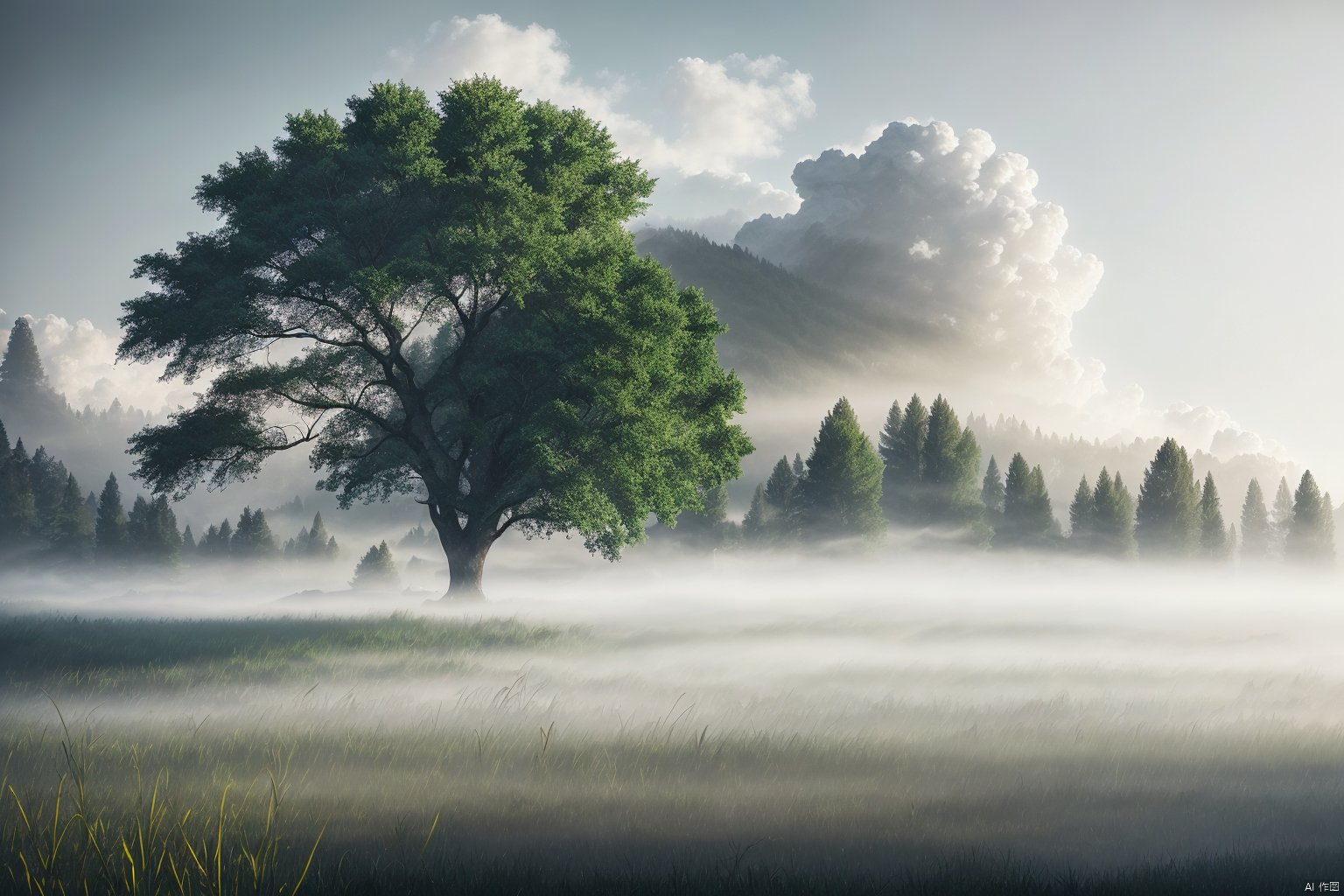 scenery wallpaper,tree,cloud,grass,sky,fog,ray tracing,outdoors,best quality,masterpiece,extreme detail,Film effects, commercial photography, photorealism, Hyperreality, 