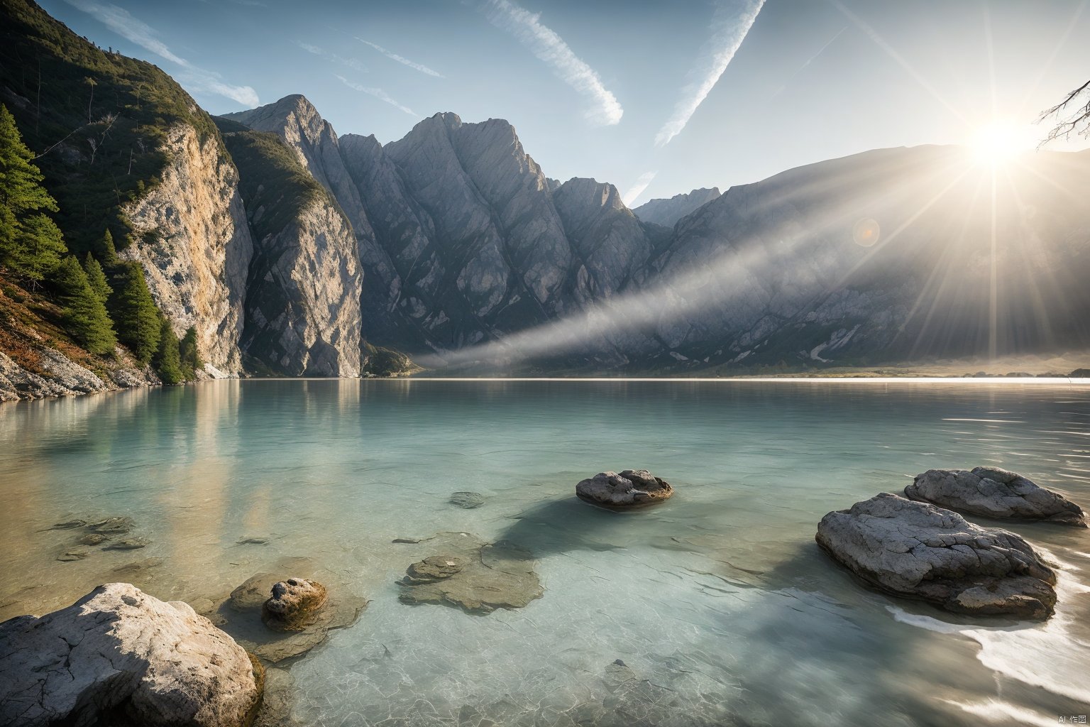 scenery wallpaper,lake,water,rock,mountain,sky,sunbeam,,ray tracing,outdoors,best quality,masterpiece,extreme detail,Film effects, commercial photography, photorealism, Hyperreality, 