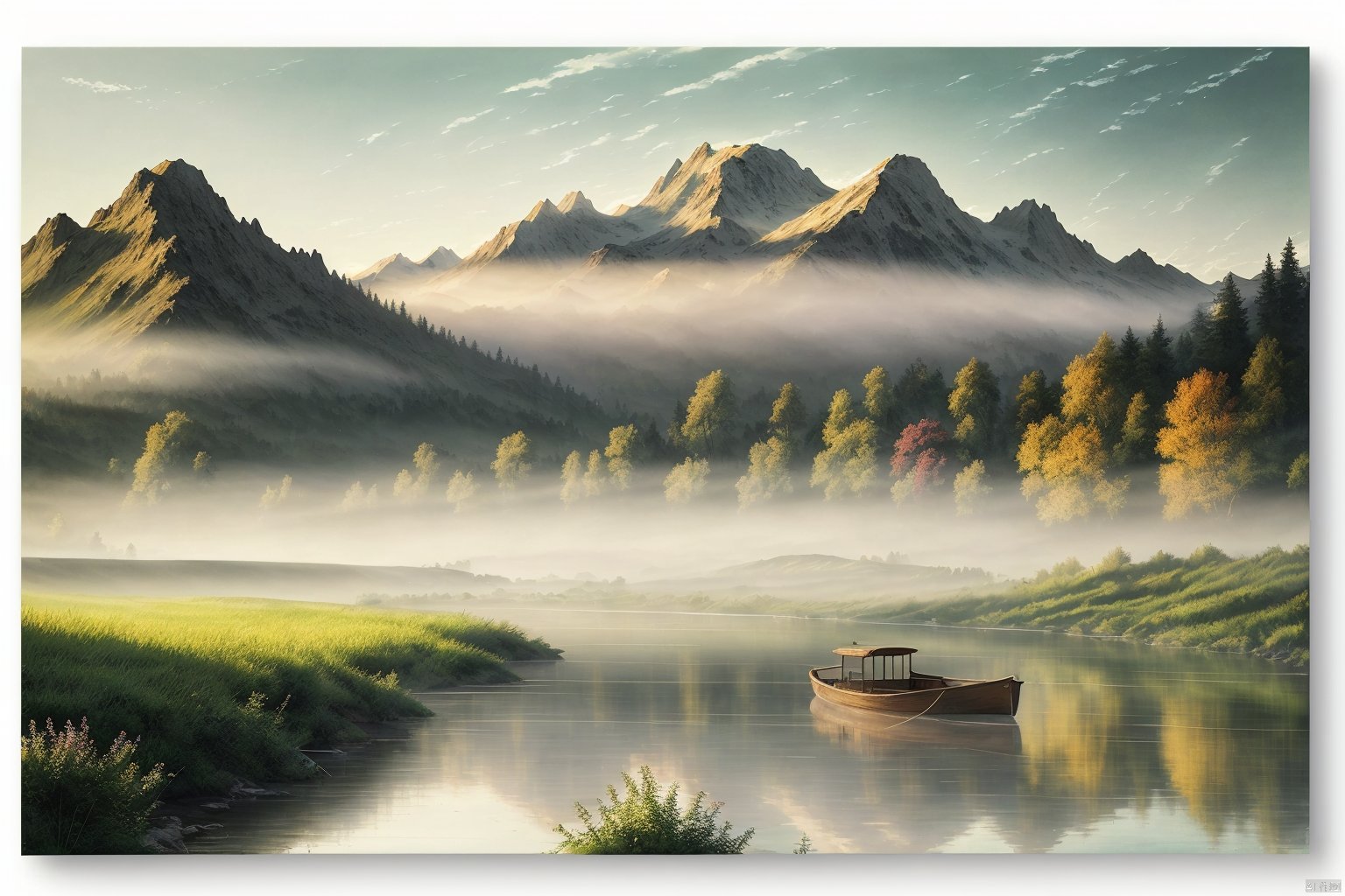 8k Wallpaper,grand,(((masterpiece))), (((best quality))), ((ultra-detailed)), (illustration), ((an extremely delicate and beautiful)),(((masterpiece))), scenery wallpaper,mountain,river,lake,flower,trees,grass,small boat,ray tracing,fog,mist,sunlight,Film effects, commercial photography, photorealism, Hyperreality,