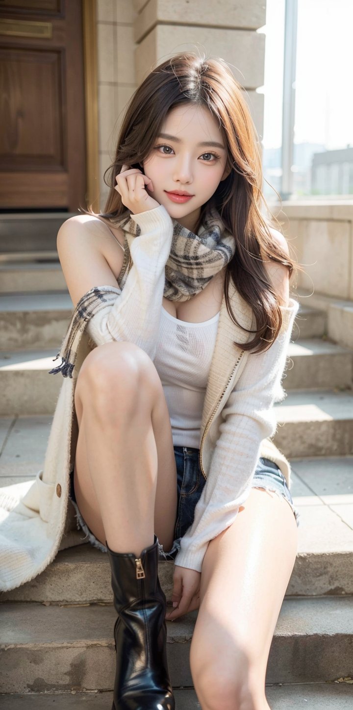 (Best quality, 8k, 32k, Masterpiece, UHD:1.2),Photo of Pretty korean woman, 1woman, (shoulder-length dark brown hair), spread leg,double eyelid, dark brown eyes, plump lips, natural medium-large breasts, wide hips, slender legs, tall figure, soft curves, exquisitely detailed real skin texture, white coat, checkered scarf, sitting on stairs on shrine, fashion model posing, closed-to-up, sharp focus, seductive face, look at viewer, sexy smile, shoulder-length hair, beautiful legs, short boots heels, detailed eyes, detailed facial, detailed real skin texture, detailed fabric texture, detailed details ,korean