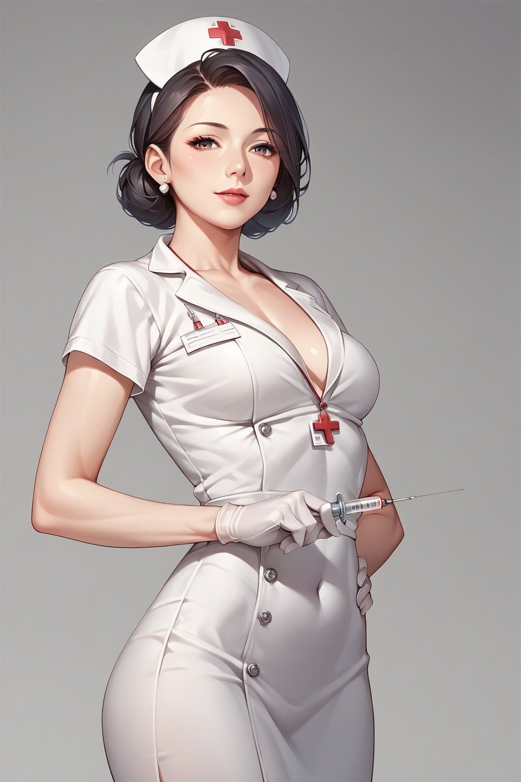 score_9, score_8_up, score_7_up, score_6_up, score_5_up, score_4_up, 
Source_Anime, 
1 girl, mature and beautiful girl, Japanese nurses, nurse suit, Slim figure, syringe, gray gradient background, no background,